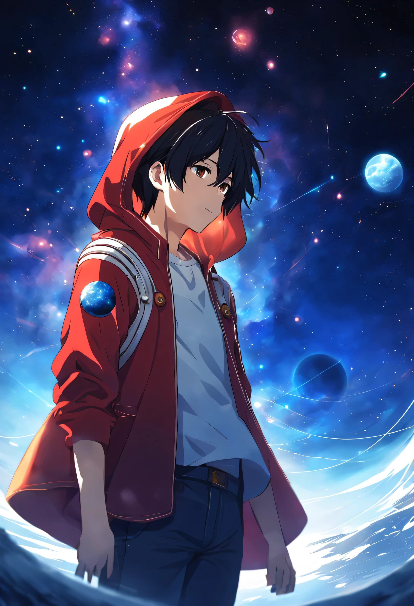 Anime - beautiful sky scene style with stars and planets, space sky. por makoto shinkai, anime art wallpaper 4k, anime art wallpaper 4k, anime art wallpaper 8k, 4k anime wallpaper, anime wallpaper 4k, 4k anime wallpaper, anime sky, Amazing wallpapers on paper, anime background, heavenly planets on the background, anime backgroundアート, Young man standing, black hair, red hood,white shirt, Black jeans, blue sky.