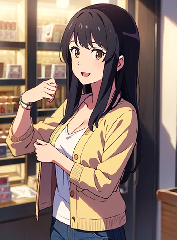 shinkai makoto, kimi no na wa., 1girl, bangs, black hair, brown eyes, open mouth :D, twisted half up hair, red ribbon, long hair, yellow cardigan, open shirt, collared shirt, white long sleeve with button, breast, cleavage, medium breast, blue pants, name tag, sexy pose, solo, looking at the viewer, jewelry shop, indoors mall, upper body, masterpiece, perfect anatomy, cowboyshot