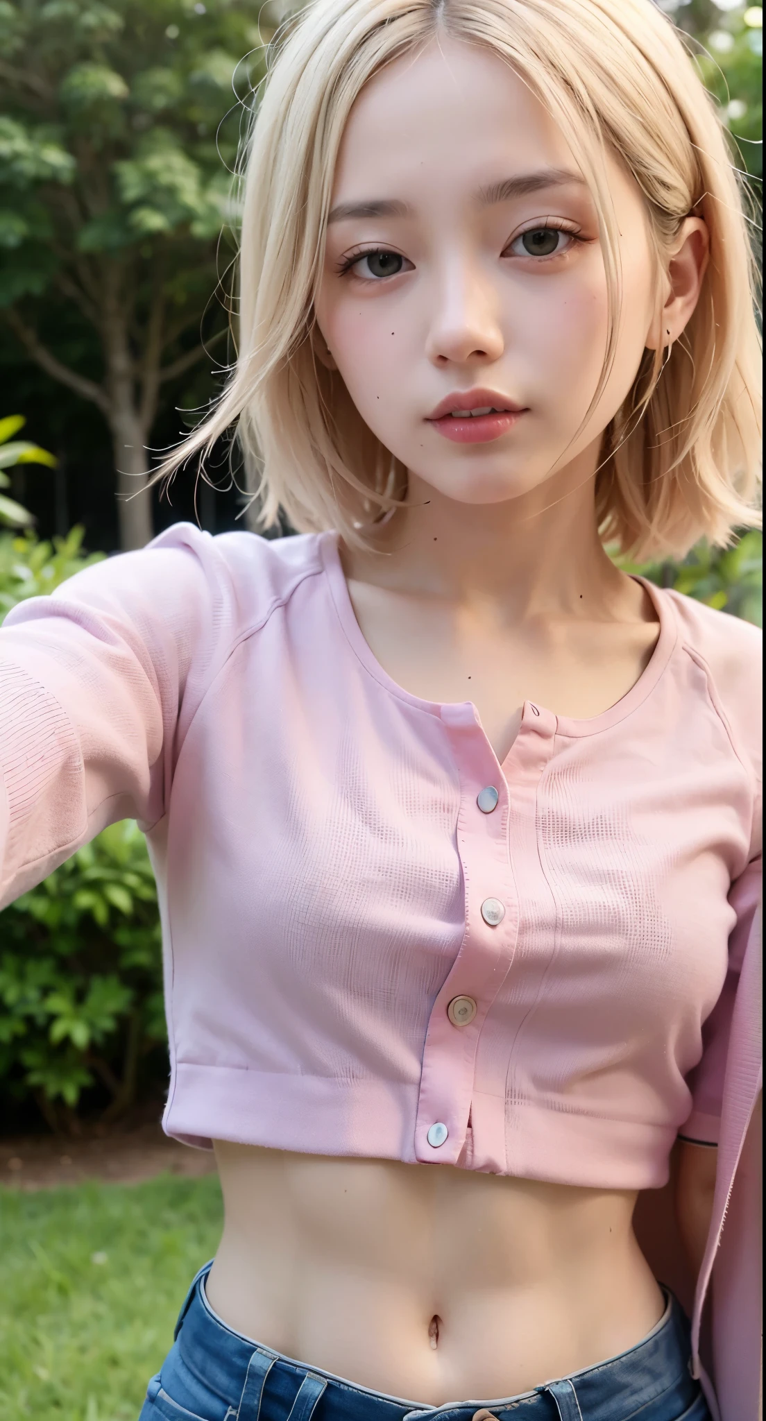 ((best quality)), ((masterpiece)), (detailed), perfect face, blonde hair wearing pink crop top shirt and jacket in the garden