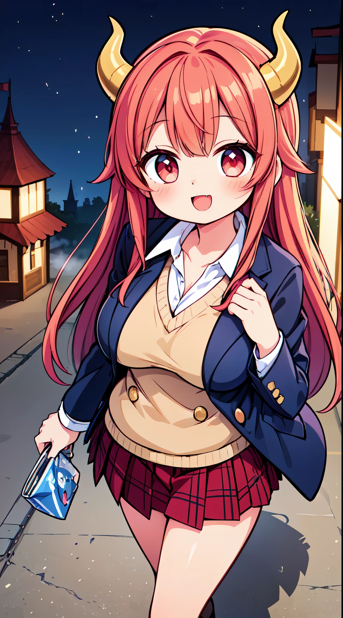 masterpiece, best quality, yuugiriSK, 1girl, solo, orange hair, blunt bangs, very long hair, closed eyes, green eyes, large breasts, huge breasts, pink jacket, long sleeves, white shirt, red skirt, plaid skirt, school uniform, smile, open mouth, looking at viewer