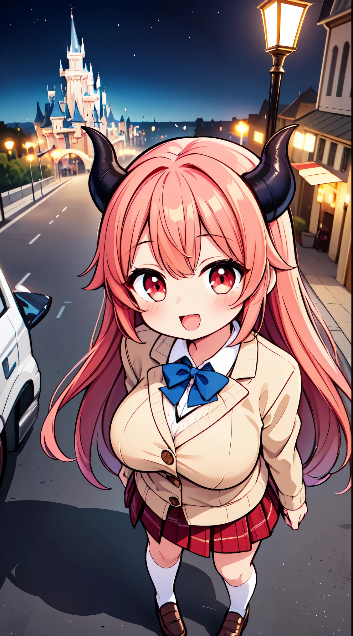 (super fine illustration:1.2),(masterpiece, 8k), (best quality, high quality:1.4), perfect anatomy, hyper detailed, ultra detailed,masterpiece background,beautiful detailed background, v8k wallpaper,perfect design,award-winning art,atmospheric, 


BREAK, 1 beautiful girl, (Beauty:1.5),(Chibi:0.5),(kawaii:2.0),(Cool:2.0),(17 year old girl),(Solo:1.65),BREAK, (huge-breasted:1.35), Clear skin, Beautiful skin, Shy, 1 beautiful woman,Demons,Colossal tits(Hair Bow, Red hair, Long hair, flipped hair, hair messy,Wings of an angel on the back, Demon King's horn on the head:1.2), (Red Eyes, long eyelashes, Double eyelids: 1.2), Shiny skin,de pele branca,dial,(best quality face),(Top quality glowing eyes),(Doya face,brave face:1.45),(The best smile,:D:1.45), BREAK,

BRAKE (navy and red theme:1.4), wearing ((navy blazer) and a red [[plaid pattern pleated skirt]]:1.5), 
BREAK (beige and white theme:1.3), ((white long sleeve collared-shirt and beige (v-neck wool sweater:1.2):1.1) layered), (v-neck wool beige sweater with white collar:1.2), ((white socks, loafers):1.1),

BREAK  (Disneyland white Cinderella castle behind:1.3),(town street:1.3),(stall, cart:1.25), (Disneyland Parade background:1.3),detailed confetti in the air,festival,(glitter:1.2), (light sparkles:1.2),night scene, (night sky:1.1),fine weather,(Crowded, bustling with people in the distance :1.15),fireworks,


BREAK,wakame,wakame,wakame,(from above,cowboy shot:1.5) , nose blush, heavy breathing, steam, ((:o):1.2),walking,

BREAK, ,(Blurry background:1.3),(absurderes, hight resolution, Super Detail Art),cel shading,Clear Color, Lonely optical effect, Beautiful pictures, Bright glow, mystic atmosphere,(Close-up of girl:0.8), Mystical light particle effect,manga influence, clean line drawings,