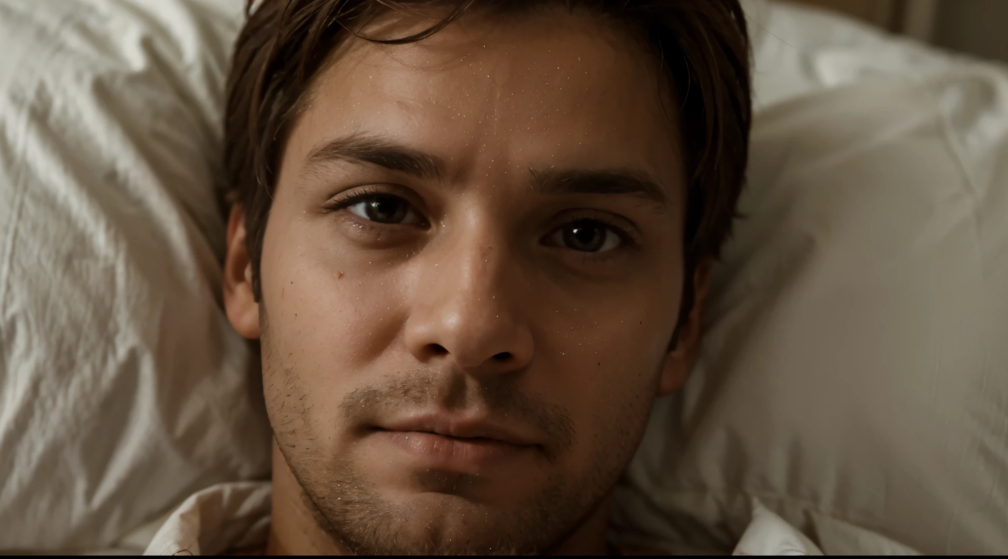 man in bed looking at the camera with creepy and horrible eyes, very closeup photo