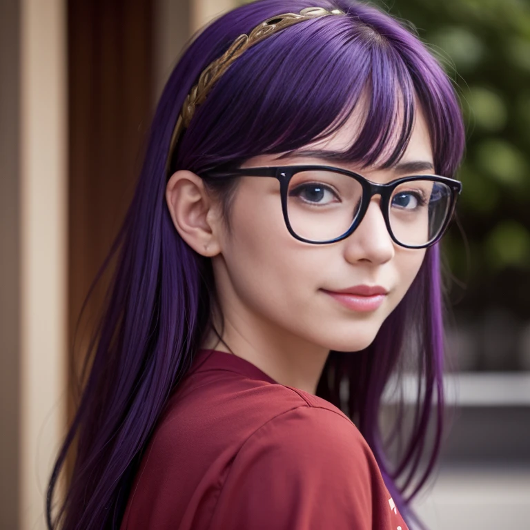 (masterpiece, best quality:1.4), (standing:1.5) (dynamic pose:1), 1girl, solo, (european youth:1), arale, glasses, blue eyes, long hair, purple hair, long sleeves, with the word "ARALE", red shirt, looking at viewer, beautifull smile, beautiful face, highly detailed face, highly detailed eyes, highly detailed skin, skin pores, subsurface scattering, realistic pupils, full face blush, full lips, detailed background, depth of field, volumetric lighting, sharp focus, absurdres, realistic proportions, good anatomy, (realistic, hyperrealistic:1.4), 16k hdr,