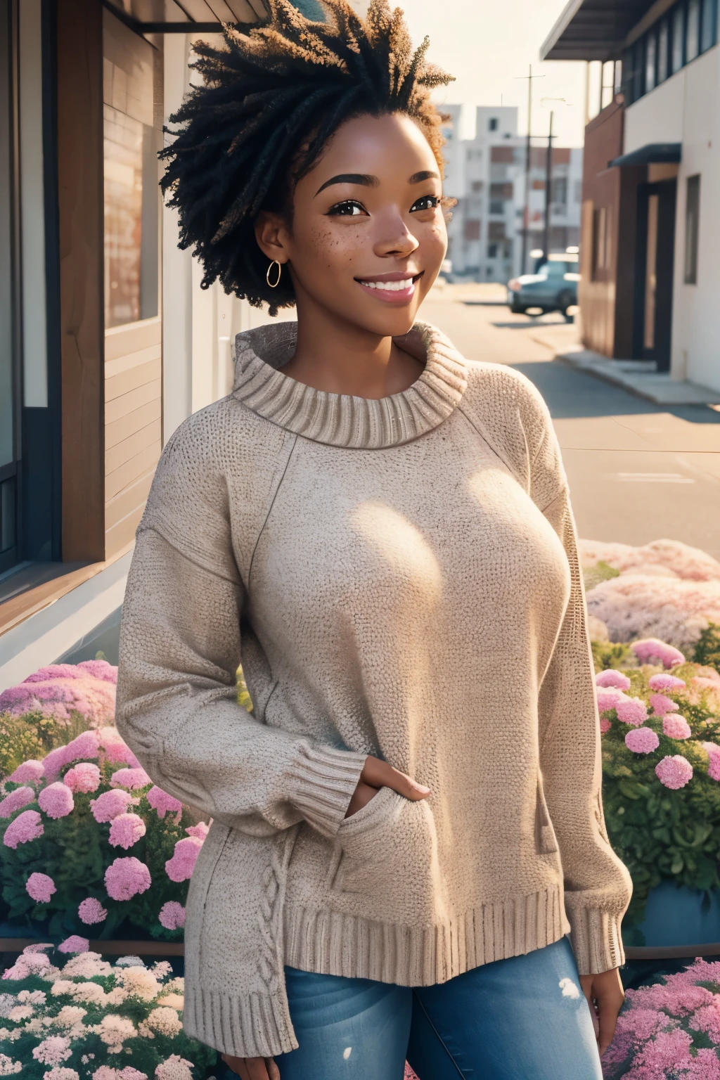 1 African American female, medium complexion, with a sprinkle of freckles, giving her a touch of playful charm. Standing at 5'8, big breasts, urban style, wearing warm knit sweater, surrounded by frost-covered flowers, a serene smile on her face