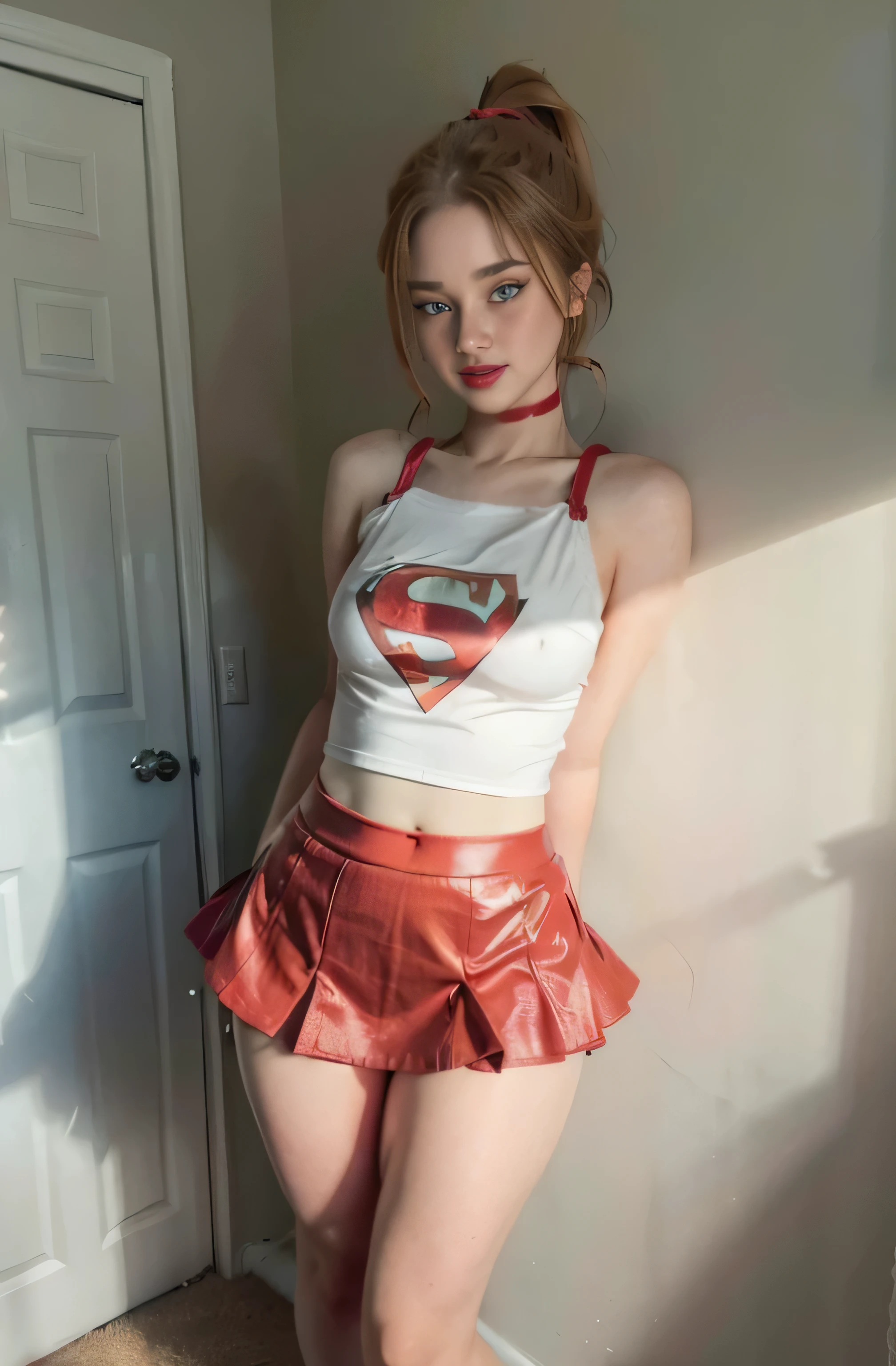 4k, realistic, charismatic, very detailed, there is a girl in the sky, dressed in a super girl costume, she is a super girl, superhero theme, blonde short hair, ponytail, 20 years, full body, (detail in the eyes), (detail in the face), incredibly beautiful, blue eyes, blush, makeup, ((red lipstick)), ((miniskirt)), (wide hips),  (thick thighs), small breasts, dress,, seductive pose, (extreme hourglass figure), thin, svelte, white skirt, boots, ((tight t-shirt))