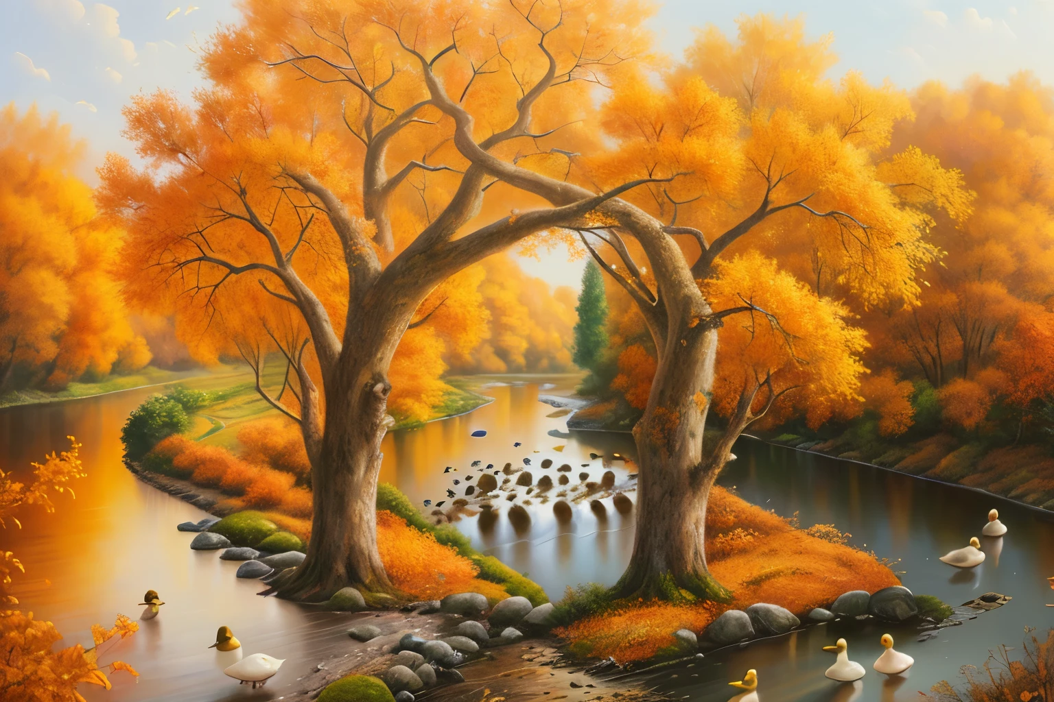 picture of a river with ducks and trees in autumn, The art of scenery in detail, scenery artwork, detailed Digital painting, high detail Digital painting, beautiful Digital painting, autumn calm, very detailed Digital painting, background image, fantasy Digital painting, highly detailed Digital painting, gorgeous Digital painting, matte Digital painting, soft Digital painting, low detailed. Digital painting