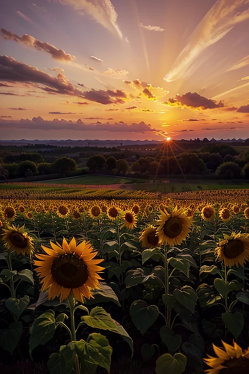 A lush sunset in orange tones, purple and pink over a field of sunflowers.