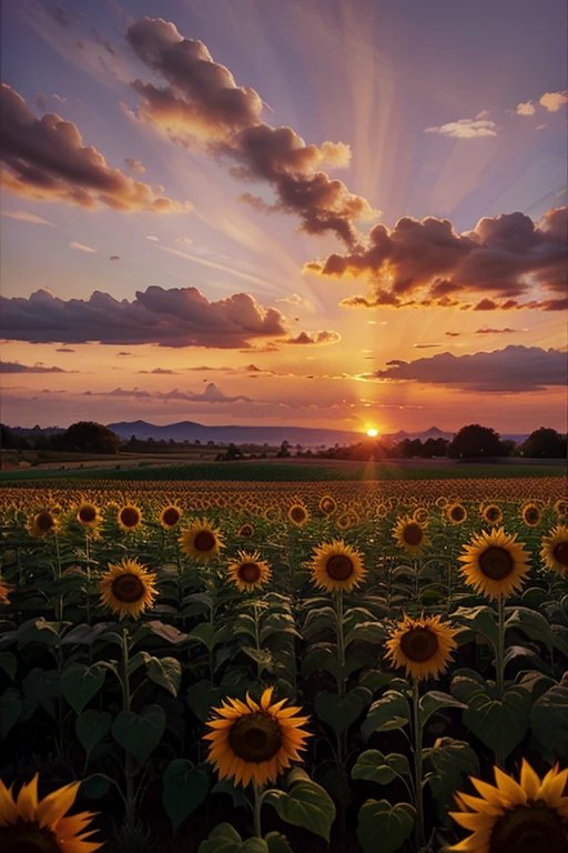A lush sunset in orange tones, purple and pink over a field of sunflowers.