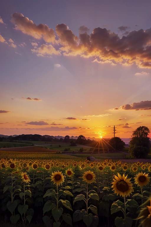 A lush sunset in orange tones, purple and pink over a field of sunflowers.