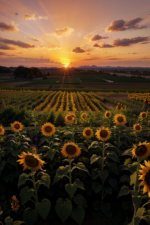 A lush sunset in orange tones, purple and pink over a field of sunflowers.