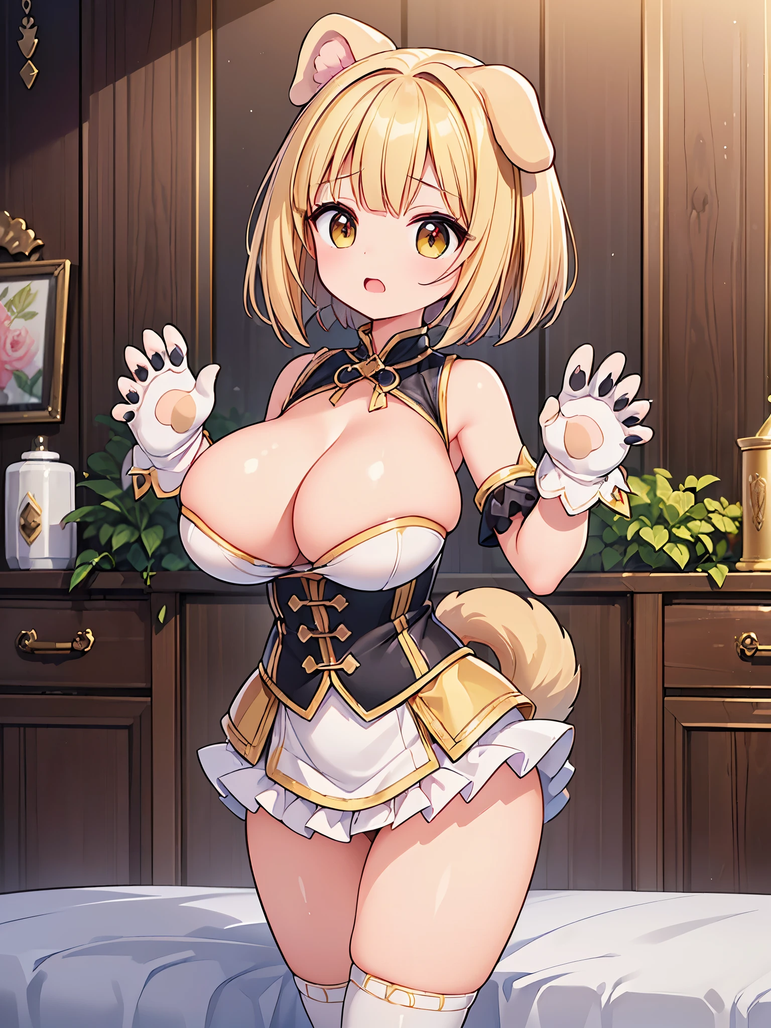 ((highest quality)),(ultra high resolution),(Super detailed),(detailed description),((best CG)),(best work of art),super precision art,great drawing art,(Fantasy art with precise details:1.5), (1 woman:1.5),（dog cosplay:1.5),(Dog Hand Gloves:1.5),Beautiful face 1.5,natural makeup:1.6,shy:1.6,(Shiny flaxen short bob:1.4),(big breasts:1.6), ((Raise your hands wide and go!:1.6))