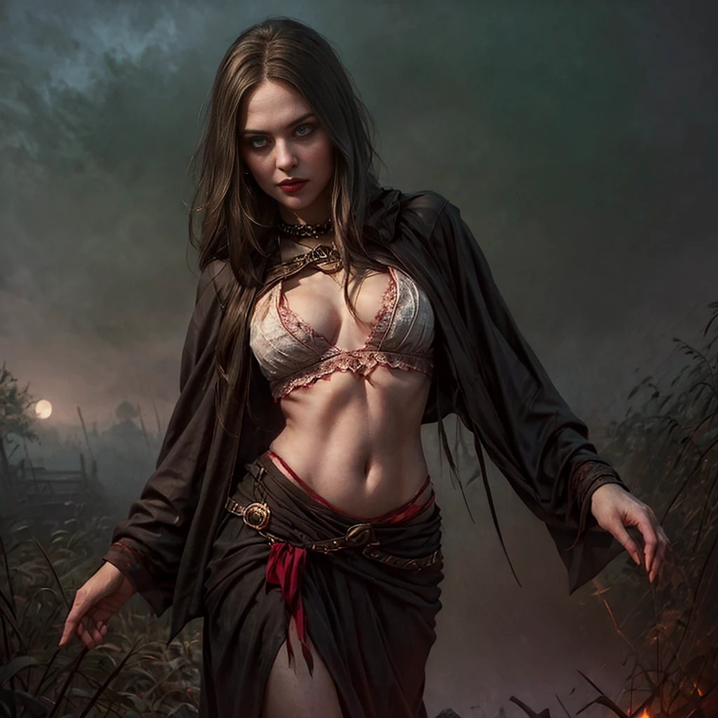 Generate (establishing-shot:1.5) (point-of-view:1.5) an image of an exceptionally attractive (young) (youthful) [goth] [emo] girl [countess bathory] standing in a gloomy transylvania village at night. In the distance, an eerie-looking castle looms on a hill, creating a haunting and atmospheric backdrop. The vampire girl possesses an alluring and strikingly (slim:1.5), (skinny) yet fit physique and [pale skin]. Her figure exudes grace and sensuality, with well-defined curves and a toned body. She has sleek, straight, short raven-black hair that flows to her shoulders, adding an element of allure and mystery to her appearance. Her (small breasts) are beautifully shaped, featuring centered 3D nipples on perfectly round areolas. Her slender form reveals visible abdominal muscles and defined hip bones, while her concave belly adds to her captivating charm and smooth abdomen. Her derriere accentuates her curves in a subtle and enticing manner. Her green eyes, upturned and set two inches apart, with a seductive, hypnotizing gaze that draws you in. Long, full eyelashes frame her eyes, enhanced with black eyeshadow and eyeliner, adding to her already beguiling allure. Her youthful delicate radiant (round face) is a masterpiece of delicate proportions, featuring a small nose and high cheekbones that add an elegant touch. Her [small heart shaped lips] in [mischievous smile], with a narrow appearance, are glossy bloody red and parted in a seductive pout, revealing pearly white (fangs) that radiate lust and charm. Wearing tattered [tunic] and black [choker] and silver locket In this eerie village scene, the night is shrouded in darkness, with fog rolling through the winding dark cobblestone street by the [gallows]. Dimly lit moon cast a faint, eerie glow, creating an unsettling ambiance. The girl in tempting (seductive pose) by the [gallows] at the heart of this atmospheric setting, emanating an aura of enigmatic allure and supernatural power. 