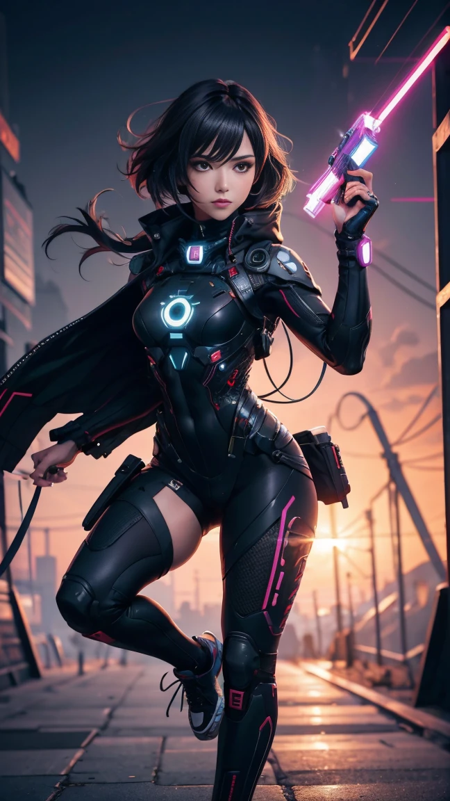 An ultra-realistic and ultra-detailed ((full body portrait)) Intricate Anime Manga Spy Goddess with dark hair, Sneakers, hearts, Standing And Aiming A Bulky Oversized Silenced Gun, Netrunner, Vigilante, Classy, Sassy, Fantastic Colorful Digital Topical Map 🗺️ Background, Futuristic Sexy Fashion Minimalistic Military Clothing, Augmented Reality, Futuristic Rainbow Glowing Presence Of Absolution And Fantastical Force, Sharp Camera Focus, Visual-Depth, Highly Detailed, (Highest Artistic Quality), Over 8k, Upscaled4x.