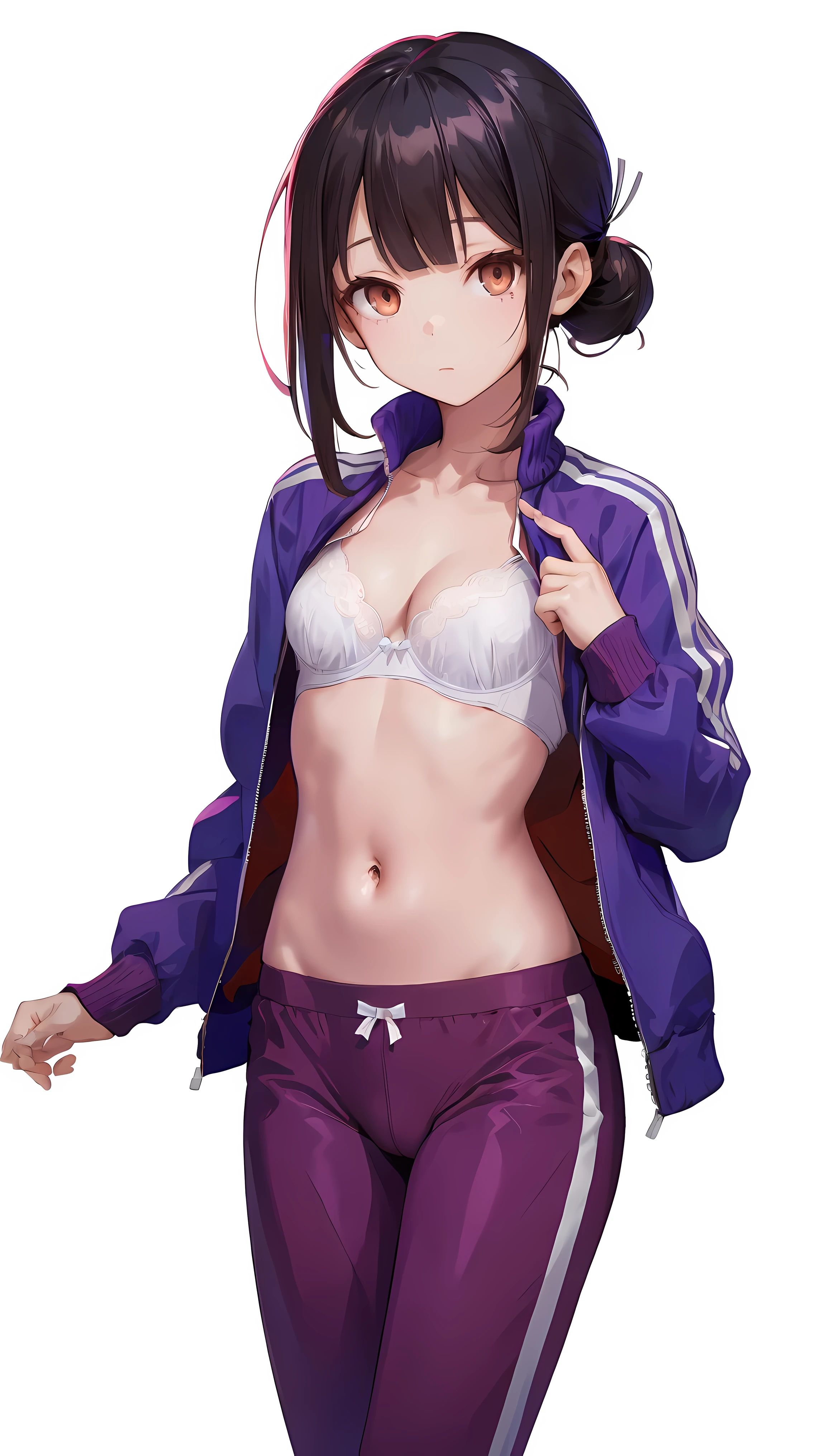 1 girl, (Miyu Edelfeldt),Change,camel toe,black hair,brown eyes,Poker face,split, jacket, small breasts, lift on its own, long sleeves, navel, open clothes, open jacket, underwear, Pants, Pants lift, purple jacket, purple Pants, background, Sleeves extend beyond wrists, alone, Stomach, thigh, track jacket, track Pants, underwear, Undress, White background, White bra, white underwear, best quality, amazing quality, very aesthetic, ridiculous