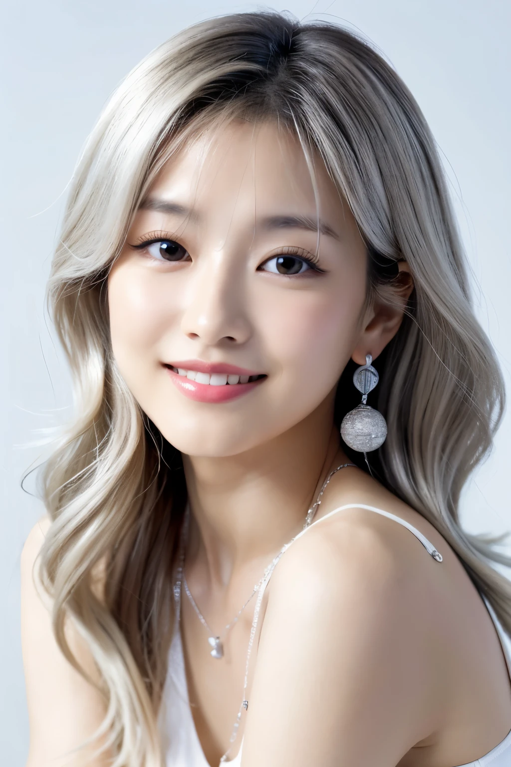 highest quality,8K, face type details, Eye type details, silver hair（wavy long hair）, Japanese beauty, 26 years old, No sleeve,, Slender body type, Medium build, medium height, sitting, smiling, earrings, necklace white skinny、from the front、movie lighting、The masterpiece background is a pure white wall