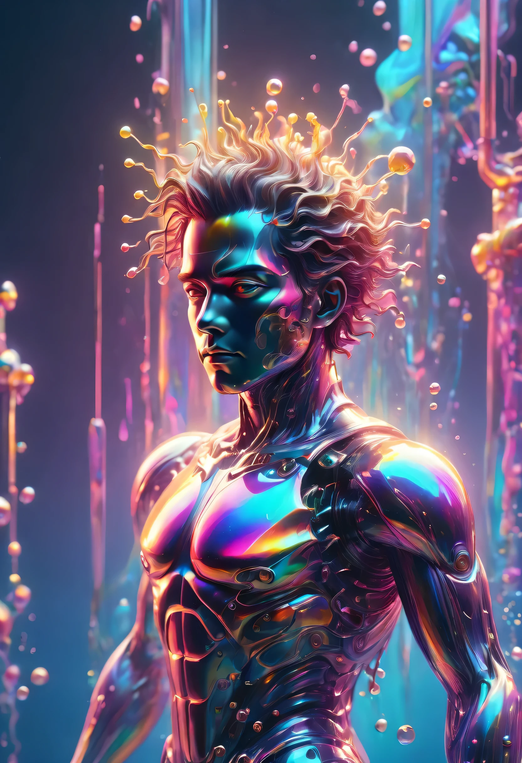 Portrait of colorful metal man emerging from water，Mechanical gears，neon gradient，vaporwave，（Laser colorful light waves），Metal refraction，many liquid bubbles、Colorful gradient geometric art and other elements，The collision of future elements and retro elements、recombination。Exaggerated artistic expression，concept art, vaporwave美学/vaporwave美学/vaporwave aesthetic