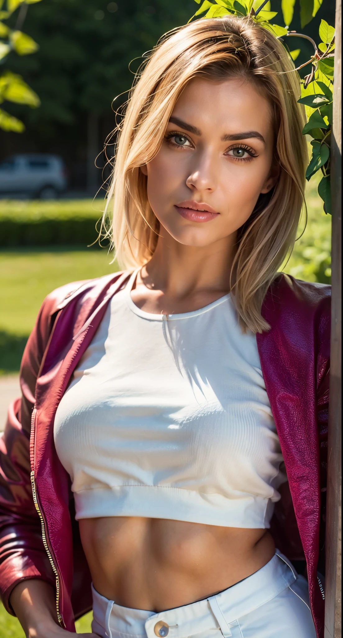 ((best quality)), ((masterpiece)), (detailed), perfect face, blonde hair wearing pink crop top shirt and jacket in the garden