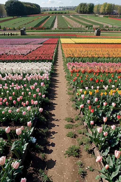 A field of tulips in full bloom, creating a spectacle of vivid colors.
