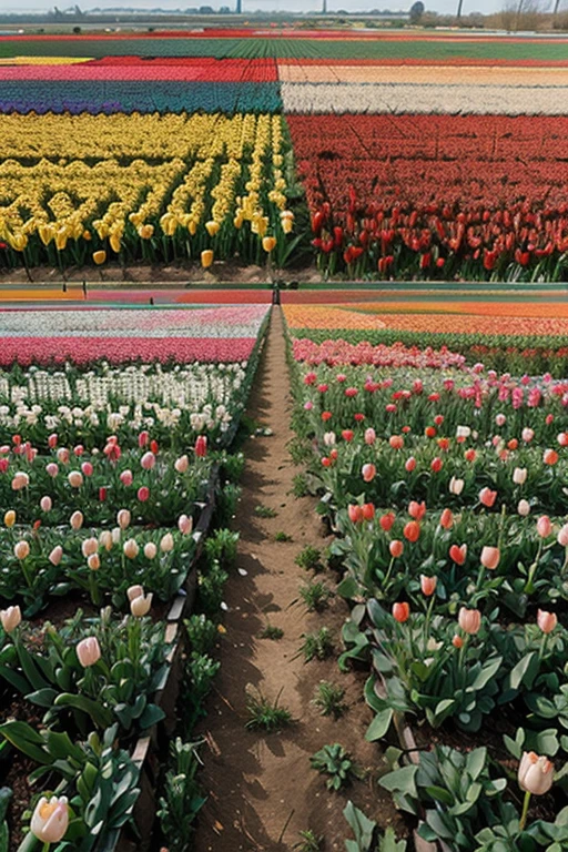 A field of tulips in full bloom, creating a spectacle of vivid colors.
