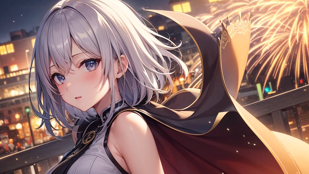 super high quality, with a girl, 20-year-old, very short hair, long bangs between the eyes, gray eyes , very detailed,(masterpiece、highest quality)、alone、gray hair、fantasy, silver hair, black eye, beautiful eyes, ecstasy, charm, be smitten with audience, white clothes、Fireworks go off、kiss face