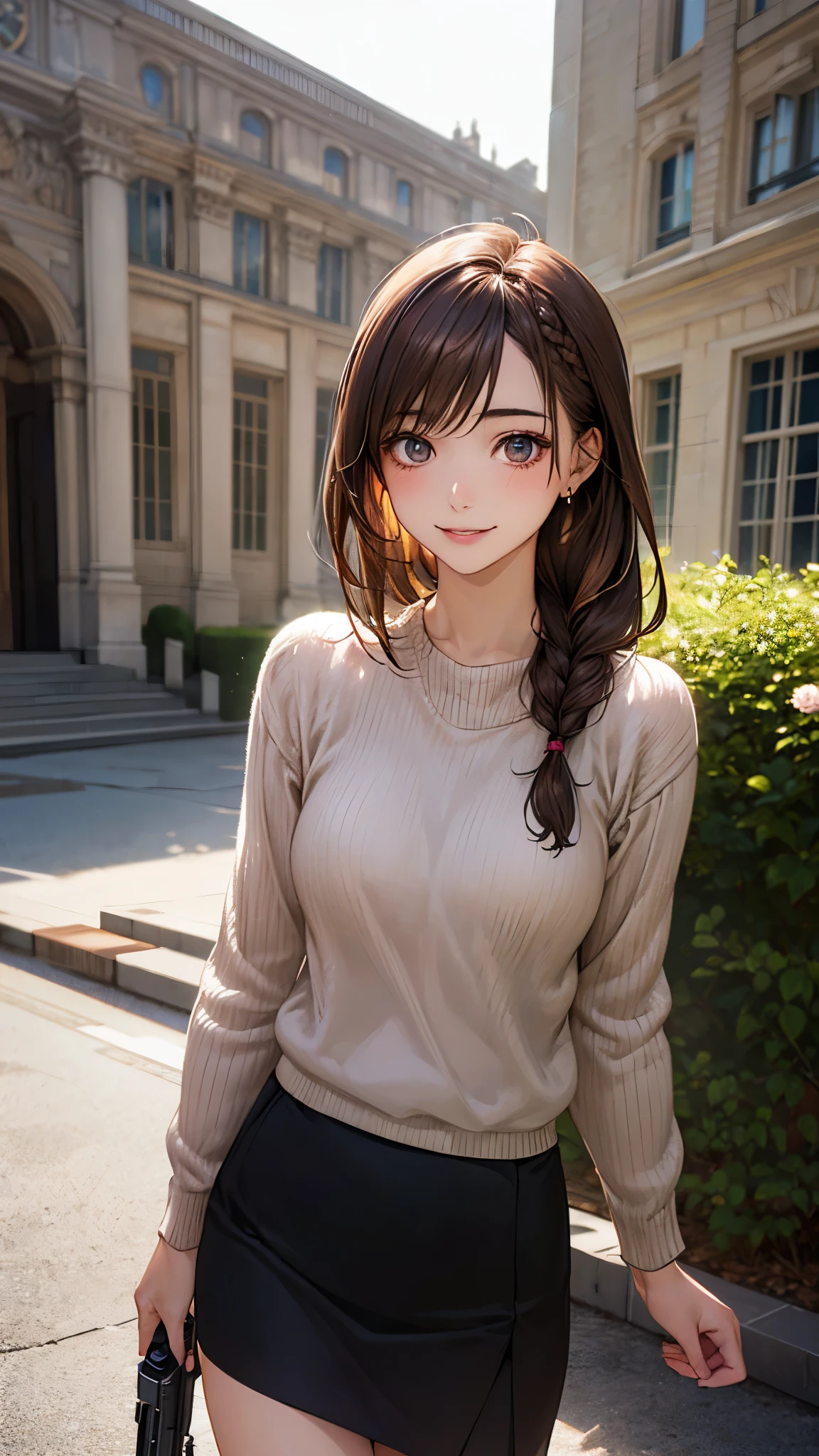 (masterpiece:1.2, top-quality), (realistic, photorealistic:1.4), beautiful illustration, (natural side lighting, movie lighting), nsfw, 
looking at viewer, cowboy shot, front view:0.6, 1 girl, japanese, high school girl, perfect face, cute and symmetrical face, shiny skin, 
(long hair:1.2, single braid:1.4, light brown hair), gold eyes, drooping eyes, long eye lasher, (large breasts:0.6), 
beautiful hair, beautiful face, beautiful detailed eyes, beautiful clavicle, beautiful body, beautiful chest, beautiful thigh, beautiful legs, beautiful fingers, 
((dark brown necksweater:1.7, , gun club check skirt, )), 
(beautiful scenery), morning, flower garden, walking, (lovely smile, upper eyes), 