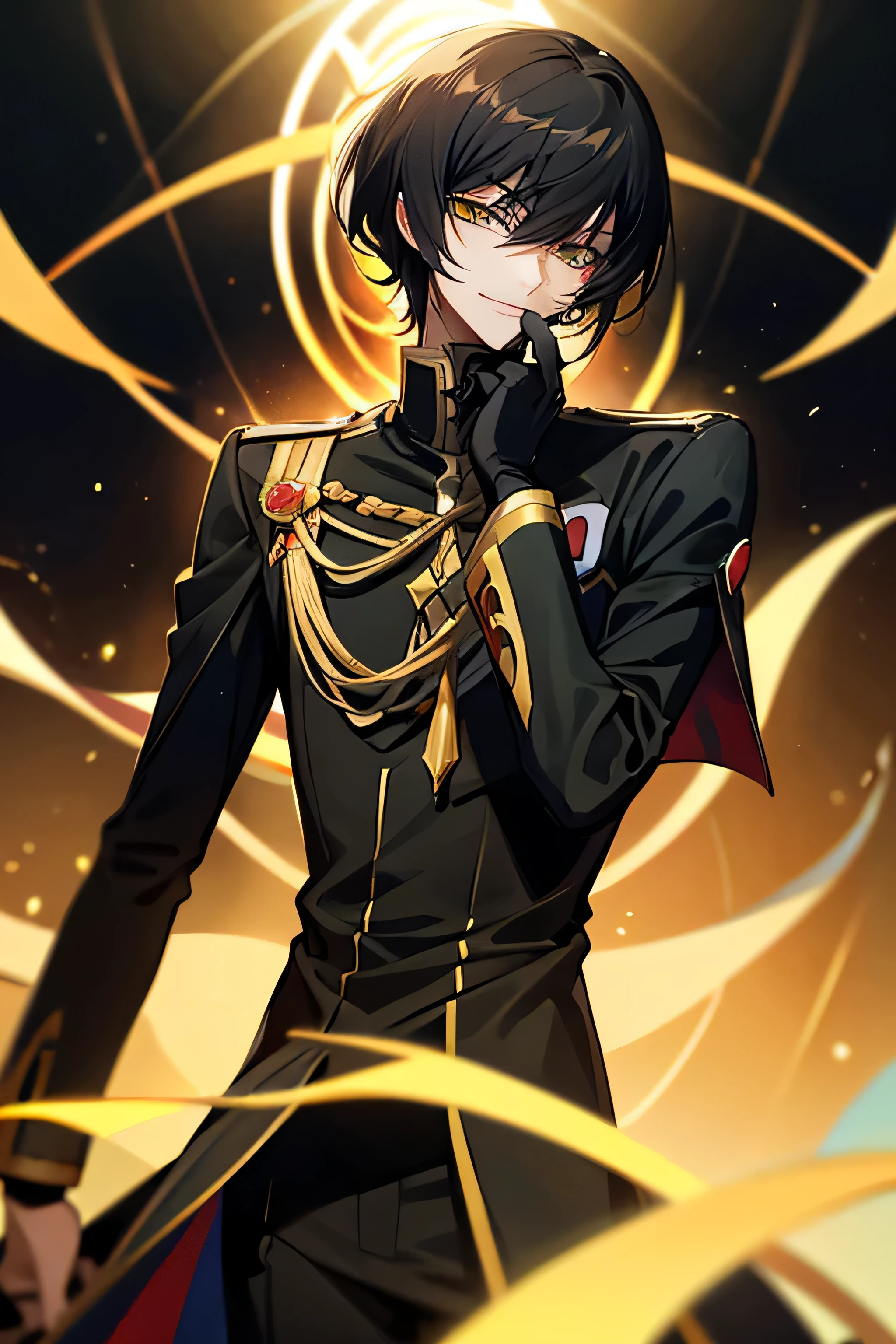 draw image of lelouch from code geass anime boy, long eyelashes, lelouch, masterpiece, unsharp, boy, 8k resolution, lelouch vi Britannia, hair down, black hair, skinny boy, detailed eyes, detailed hair, attractive slim hand, short anime hair, intricate facial expression, sharp jawline, attractive, upscale, black and yellow outfit, mysterious smile, hand covering half face, lelouch vi Britannia, proud face, evil smile, attractive, hand in black glove, royal proudness,