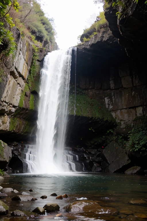 Uma cachoeira cercada por flores vibrantes e borboletas coloridas.