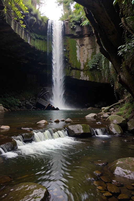 Uma cachoeira cercada por flores vibrantes e borboletas coloridas.