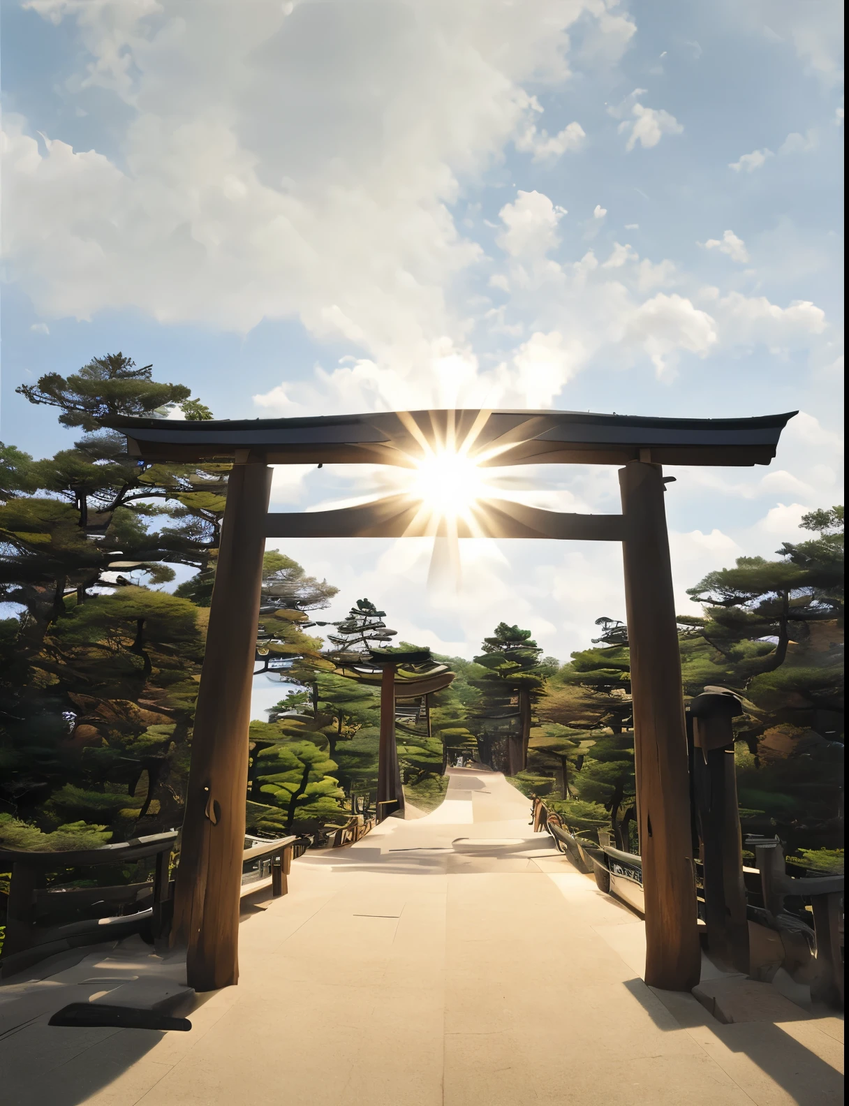 The sun shines through the gate and the clouds, toriiの隙間から太陽の光, ray of lights,centered torii, Works inspired by Sesshu Toyo,日本のtorii, The bridge that continues from the front placed in the center of the screen,Trees such as pine and zelkova on the left and right of the bridge々, torii, inspired by Torii Kiyomoto, near a japanese shrine