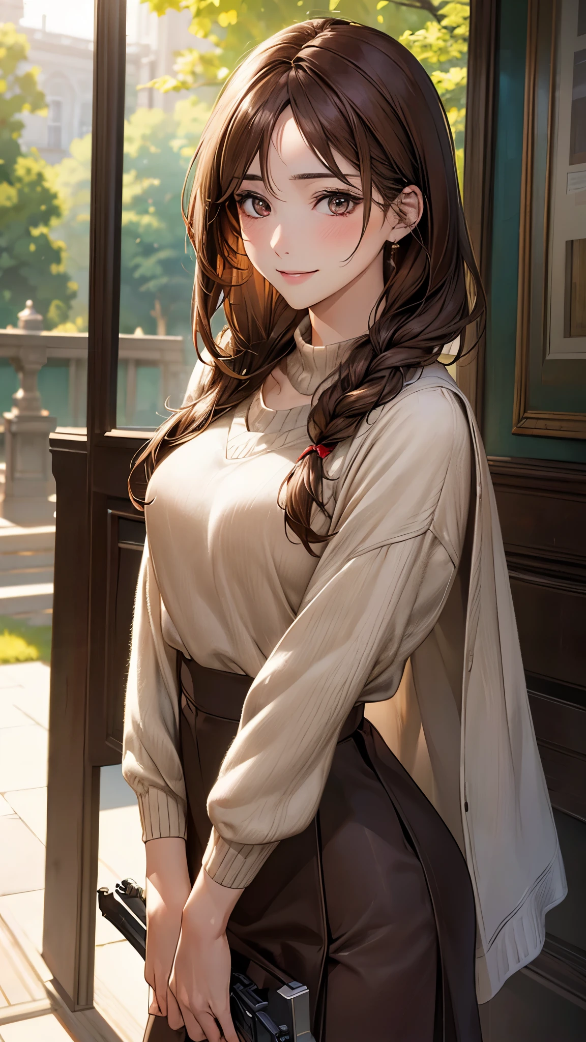 (masterpiece:1.2, top-quality), (realistic, photorealistic:1.4), beautiful illustration, (natural side lighting, movie lighting), nsfw,
looking at viewer, cowboy shot, front view:0.6, 1 girl, japanese, high school girl, perfect face, cute and symmetrical face, shiny skin,
(long hair:1.2, single braid:1.4, light brown hair), gold eyes, drooping eyes, long eye lasher, (large breasts:0.6),
beautiful hair, beautiful face, beautiful detailed eyes, beautiful clavicle, beautiful body, beautiful chest, beautiful thigh, beautiful legs, beautiful fingers,
((dark brown necksweater:1.7, , gun club check skirt, )),
(beautiful scenery), morning, flower garden, walking, (lovely smile, upper eyes),