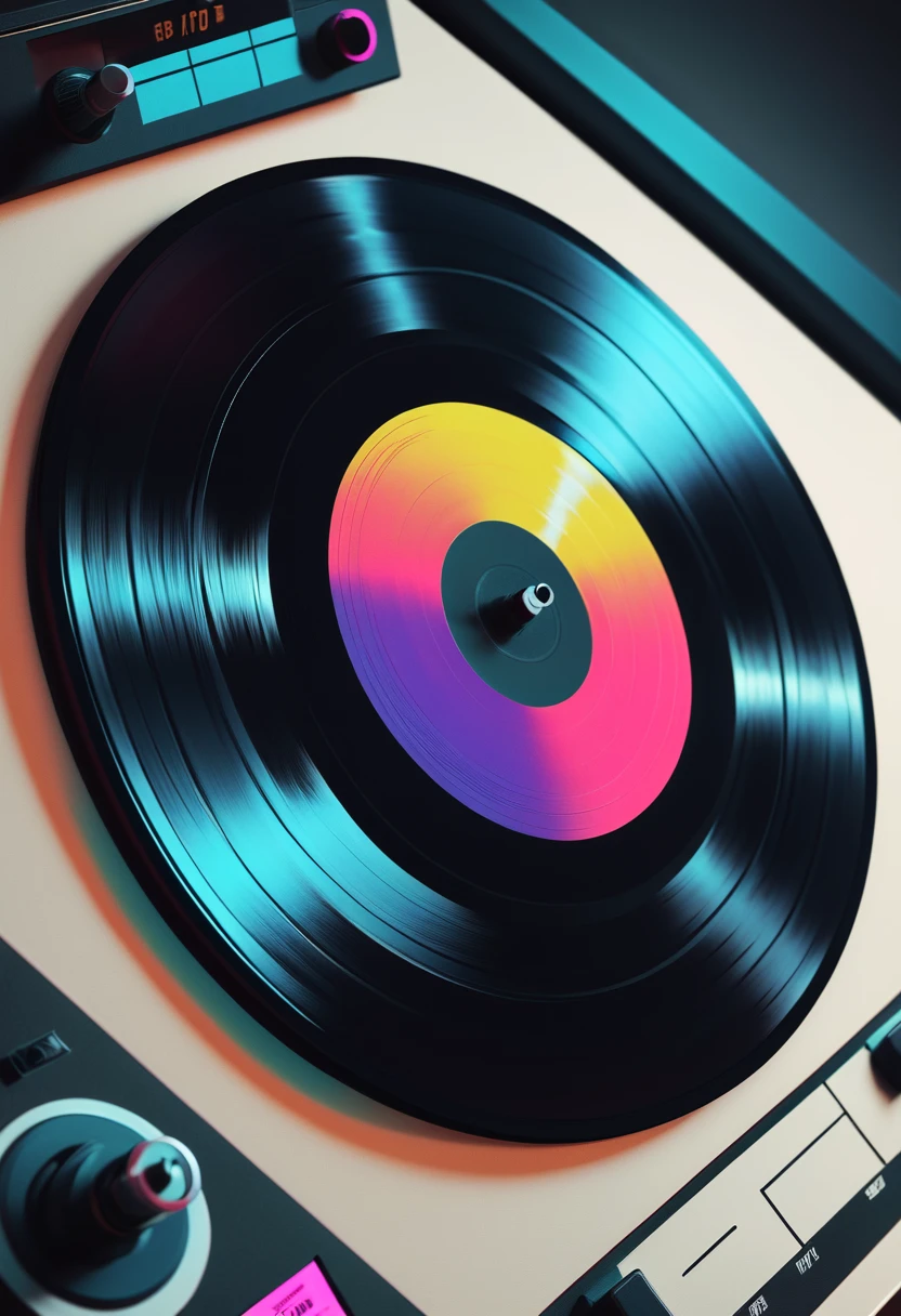 Retrowave, synthwave, a vintage vinyl record, dusty, scratches, old-fashioned, worn-out, grooves, retro design, classic music, spinning round and round, turntable, needle, musical nostalgia, soft crackling sound, black and white album cover, vintage vibes, nostalgic atmosphere, timeless melodies, spinning discs, analog sound, 80s style, music lovers, vinyl collection, laser show, immersive experience, dance floor, vibrant nightlife, disco ball, party atmosphere, pulsating beats, euphoric moments, electric energy, exhilarating ambiance, mesmerizing light effects, immersive audio experience, Vaporwave Aesthetic style and zentangle style, retrowave. synthwave, retro futuristic, video game, vector vaporwave,,blurred, crunch it, make it outstanding, the best emotive silhouette ever, sparkles, musical explosions, flying musical notes, magical, thanks. By Tupu...lol...