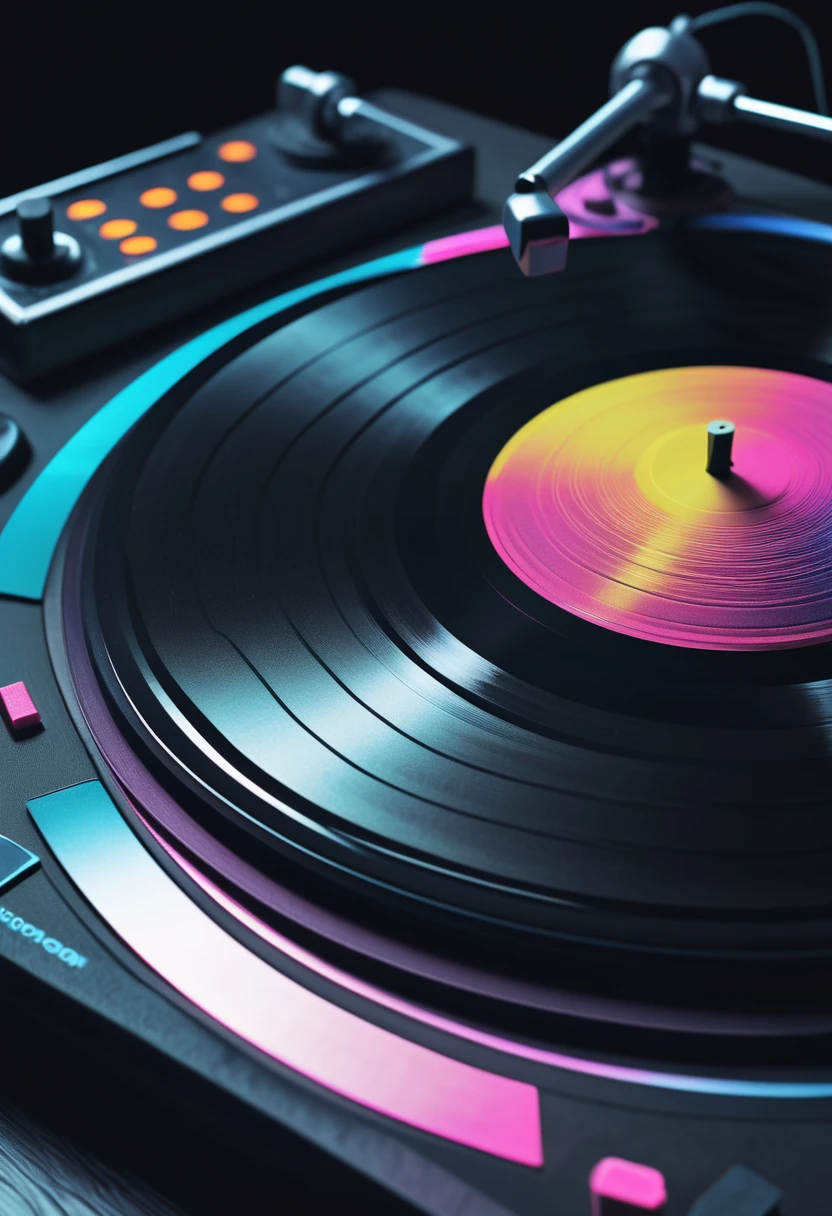 Retrowave, synthwave, a vintage vinyl record, dusty, scratches, old-fashioned, worn-out, grooves, retro design, classic music, spinning round and round, turntable, needle, musical nostalgia, soft crackling sound, black and white album cover, vintage vibes, nostalgic atmosphere, timeless melodies, spinning discs, analog sound, 80s style, music lovers, vinyl collection, laser show, immersive experience, dance floor, vibrant nightlife, disco ball, party atmosphere, pulsating beats, euphoric moments, electric energy, exhilarating ambiance, mesmerizing light effects, immersive audio experience, Vaporwave Aesthetic style and zentangle style, retrowave. synthwave, retro futuristic, video game, vector vaporwave,,blurred, crunch it, make it outstanding, the best emotive silhouette ever, sparkles, musical explosions, flying musical notes, magical, thanks. By Tupu...lol...