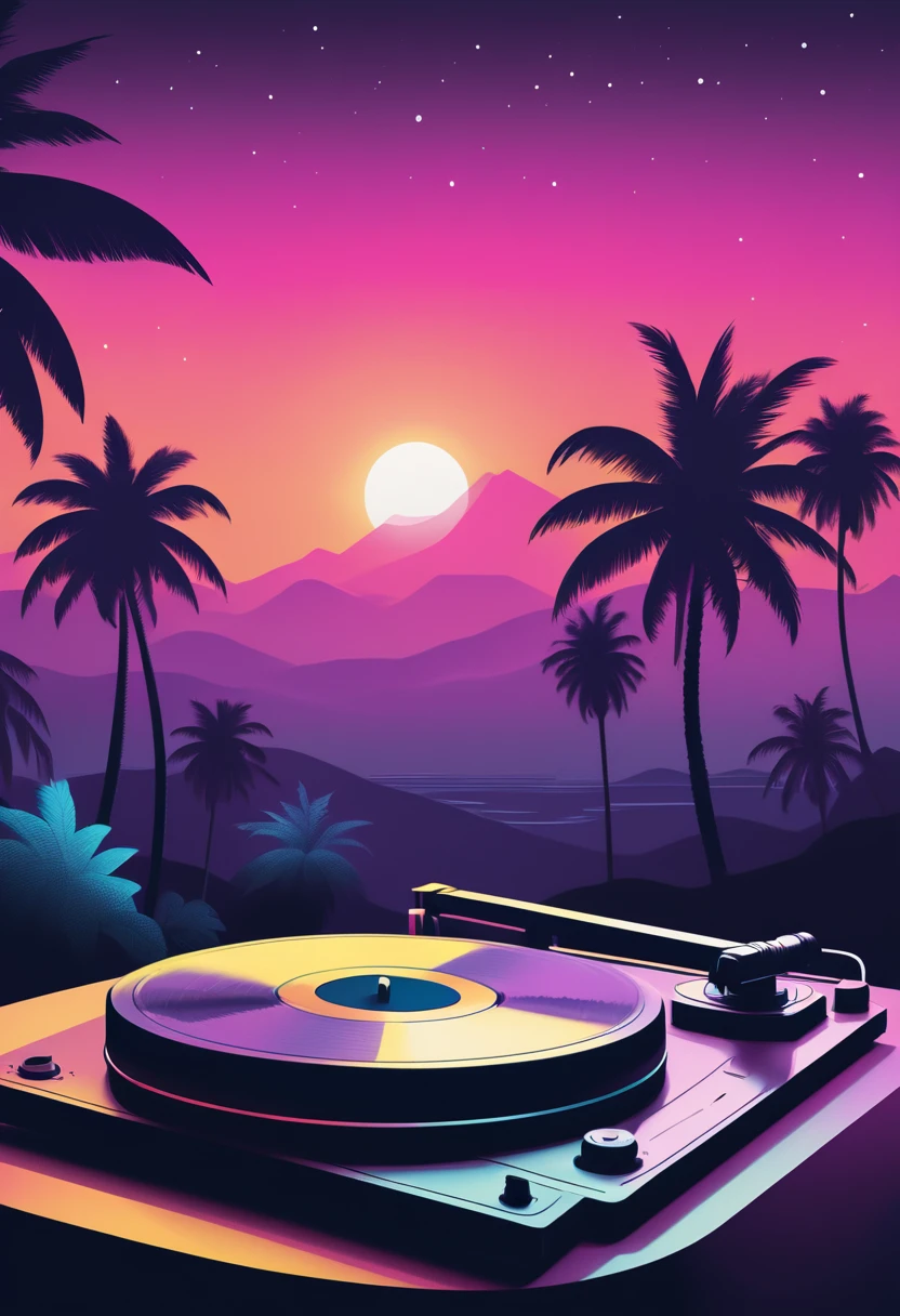 Retrowave, synthwave, a vintage vinyl record, dusty, scratches, old-fashioned, worn-out, grooves, retro design, classic music, spinning round and round, turntable, needle, musical nostalgia, soft crackling sound, black and white album cover, vintage vibes, nostalgic atmosphere, timeless melodies, spinning discs, analog sound, 80s style, music lovers, vinyl collection, laser show, immersive experience, dance floor, vibrant nightlife, disco ball, party atmosphere, pulsating beats, euphoric moments, electric energy, exhilarating ambiance, mesmerizing light effects, immersive audio experience, Vaporwave Aesthetic style and zentangle style, retrowave. synthwave, retro futuristic, video game, vector vaporwave,,blurred, crunch it, make it outstanding, the best emotive silhouette ever, sparkles, musical explosions, flying musical notes, magical, thanks. By Tupu...lol...