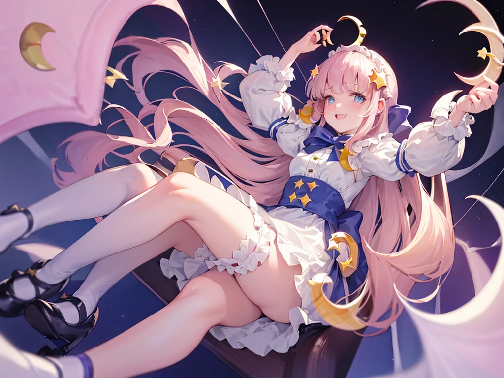 photo realistic, (masterpiece,best quality:1.4),(8k,raw photo,photo realistic:1.2), detailed skin, detailed face,1girl,Japanese idol,cute face, , Not Safe for Work, (overhead view:1.3), length hair, blue eyes, blonde hair, light smile, ((shiny wavy hair)), diadems, (((sit on a crescent moon model))), ((outstretched hand)),doress, gothic dresses, shairband, shortsleeves, the bow hair, ((blue shairband)), a smile, red blush, light Blue Doress, Alice (Alice in Wonderland), White frilled legwear, ((Blue the Bow)), Puffy Sleeves, Bangss, Apron Dress, shortsleeves, ((Blue bow ribbon)), absurdly long hair, frilld, white gothic dresses,: q, masterpiece, top-quality, not safe for work, , , 14-yo, braided bangs, mary janes, (FULL Body), (((from below))),(Garter ring that looks like frilly panties), flat chest, yumekawa,yumekawaii,pastel color, (((star background:1.5))), imagination,light particle effect, aerial effect, perfect hand's, perfect fingers, (dreamy ambiance:1.4), [:(light gradation watercolor:1.5):8], (soft focus:1.1), (stars:1.5),　(A large crescent-shaped chair:1.8),