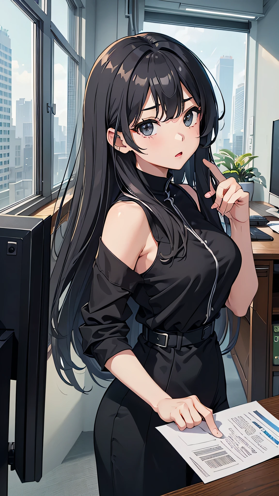 (masterpiece), anime, Best quality, good anatomy, one girl, (full height), white eyes, Big breasts, realistic face, gloomy face, Looking down, dark hair, long hair, navel ,bare shoulders, tight black top, decollete, black pencil skirt, tall legs, beautiful legs, office, Reflectors, 8K masterpiece, super detail, film movie, best quality, best ditails, detailed face, detailed eyes, camera from bellow