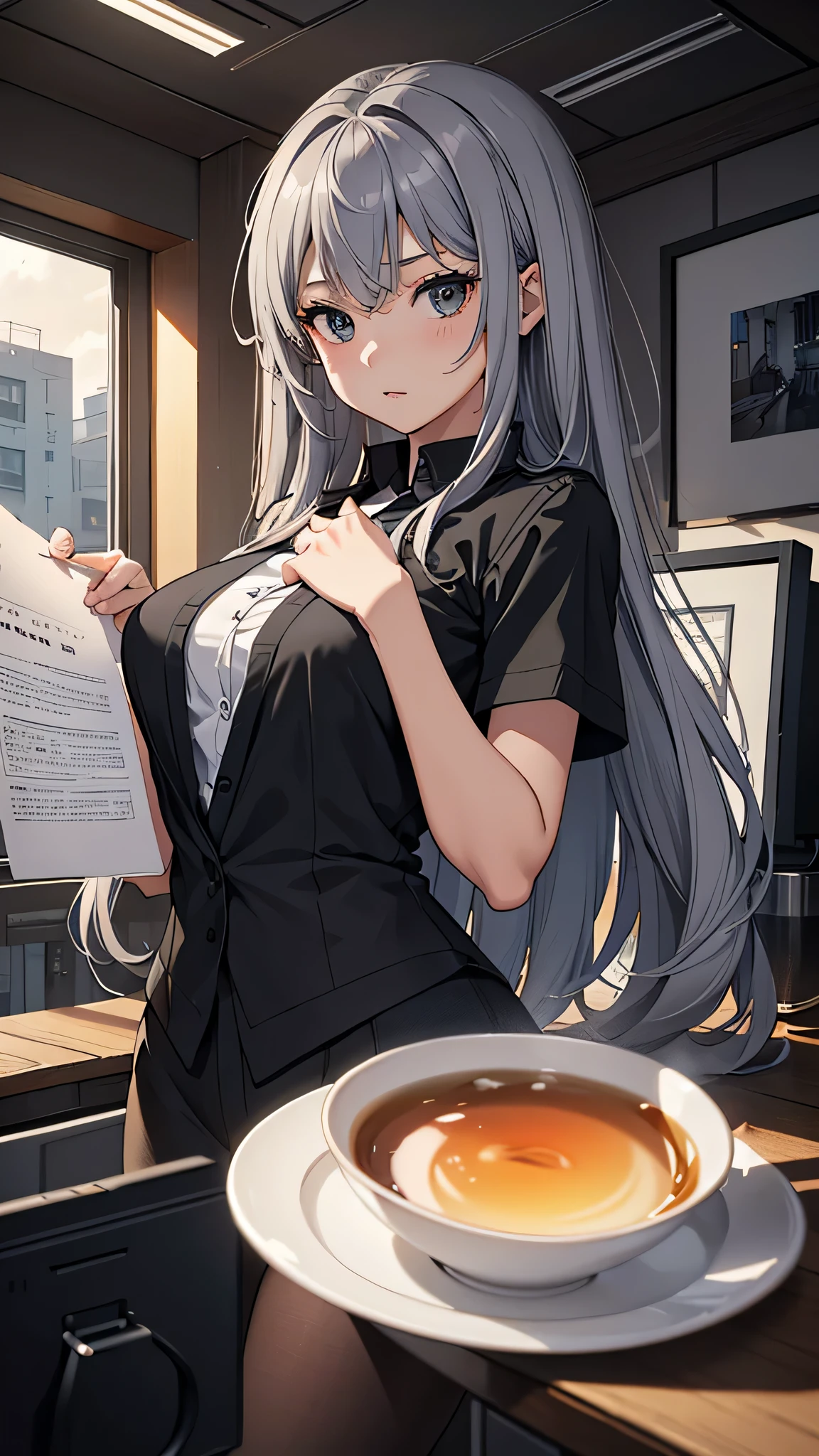 最high quality、best image quality、masterpiece、teenage girl((18-year-old、 By becoming、vest bust、medium bust,wide open breast tea、black eye, gray hair、long hair、thin,highest valley、Black Y-shirt、Black Recruit Suit,Have a document)),high quality、beautiful art、background((company office))debris flies、Depth of written boundary、movie、visual art、perfect art、8K,genuine