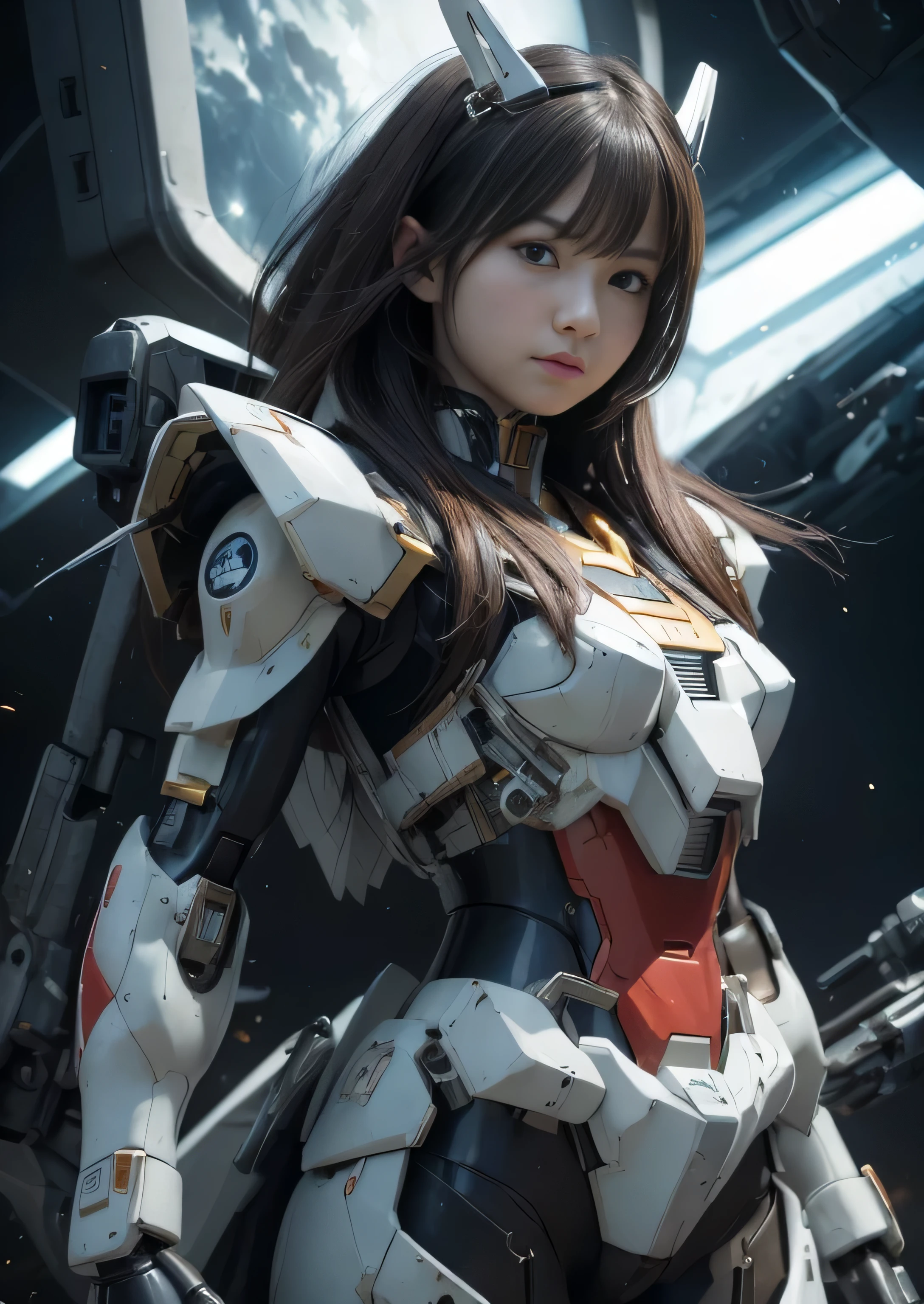 (RAW image quality), rough skin, Super detailed, advanced details, high quality, 最high quality, High resolution, 1080P, hard disk, beautiful,(gundam),beautifulサイボーグの女性,Mecha cyborg girl,battle mode,Mecha body girl,She wears a futuristic gundam mecha,