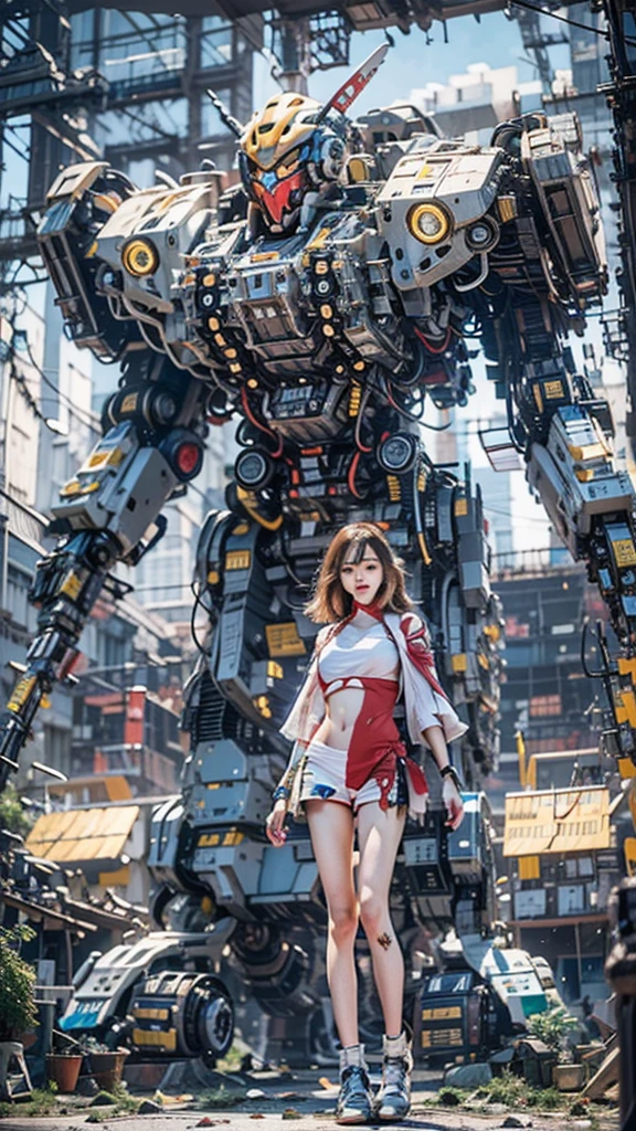 ((masterpiece, best quality)),illustration,ultra detailed 8k,photorealistic,sharp focus,highly detailed,professional lighting,colorful details,iridescent colors BREAK extreme long shot of a factory,large mechanical robot construction,microchip,computer,glowing,intricate details,shitu-mecha,1girl is standing in front of the audience,Navel