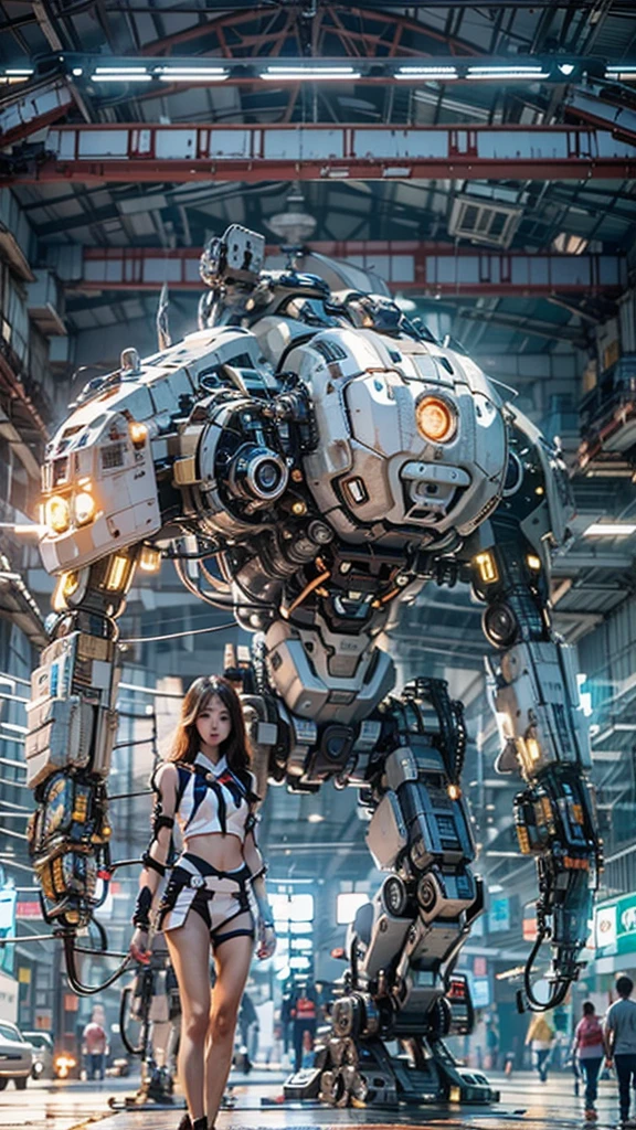 ((masterpiece, best quality)),illustration,ultra detailed 8k,photorealistic,sharp focus,highly detailed,professional lighting,colorful details,iridescent colors BREAK extreme long shot of a factory,large mechanical robot construction,microchip,computer,glowing,intricate details,shitu-mecha,1girl is standing in front of the audience,Navel