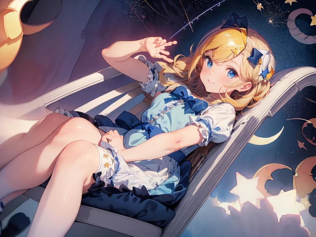 photo realistic, (masterpiece,best quality:1.4),(8k,raw photo,photo realistic:1.2), detailed skin, detailed face,1girl,Japanese idol,cute face, , Not Safe for Work, (overhead view:1.3), length hair, blue eyes, blonde hair, light smile, ((shiny wavy hair)), diadems, (((sit on a crescent moon model))), ((outstretched hand)),doress, gothic dresses, shairband, shortsleeves, the bow hair, ((blue shairband)), a smile, red blush, light Blue Doress, Alice (Alice in Wonderland), White frilled legwear, ((Blue the Bow)), Puffy Sleeves, Bangss, Apron Dress, shortsleeves, ((Blue bow ribbon)), absurdly long hair, frilld, white gothic dresses,: q, masterpiece, top-quality, not safe for work, , , 14-yo, braided bangs, mary janes, (FULL Body), (((from below))),(Garter ring that looks like frilly panties), flat chest, yumekawa,yumekawaii,pastel color, (((star background:1.5))), imagination,light particle effect, aerial effect, perfect hand's, perfect fingers, (dreamy ambiance:1.4), [:(light gradation watercolor:1.5):8], (soft focus:1.1), (stars:1.5),　(A large crescent-shaped chair:1.8),