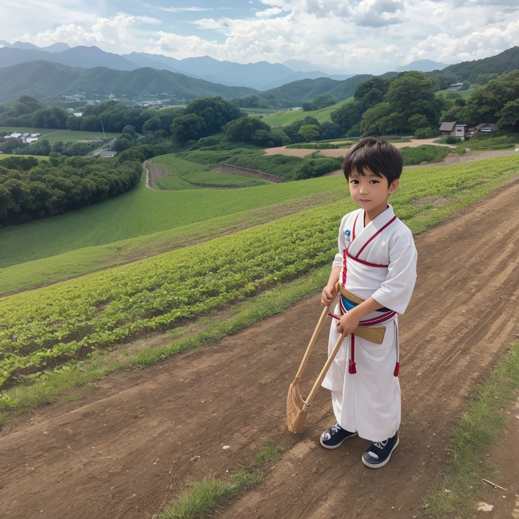 High resolution, Super detailed, masterpiece, highest quality,oriental、boy、Wearing traditional Japanese costumes、alone、boy doing farm work、