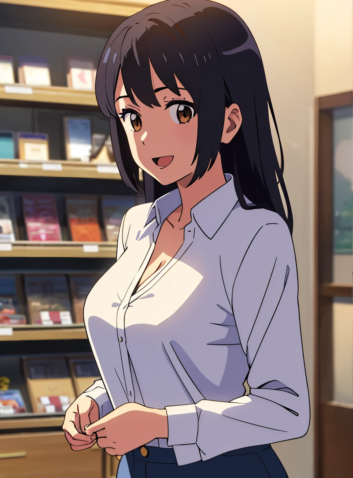shinkai makoto, kimi no na wa., 1girl, bangs, black hair, brown eyes, open mouth :D, twisted half up hair, red ribbon, long hair, collared shirt, white long sleeve with button, breast, cleavage, medium breast, blue pants, name tag, sexy pose, looking at the viewer, jewelry shop, indoors mall, upper body, masterpiece, perfect anatomy, cowboyshot 
