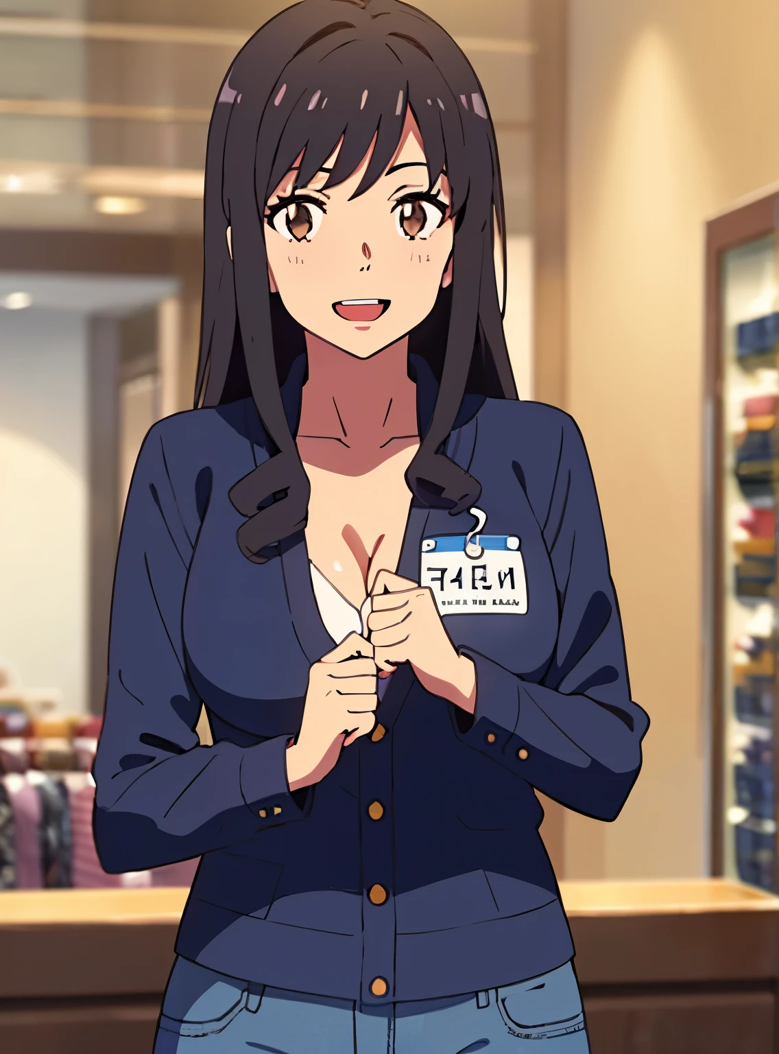 shinkai makoto, kimi no na wa., 1girl, bangs, black hair, brown eyes, open mouth :D, twisted half up hair, red ribbon, long hair, collared shirt, white long sleeve with button, breast, cleavage, medium breast, blue pants, name tag, sexy pose, looking at the viewer, jewelry shop, indoors mall, upper body, masterpiece, perfect anatomy, cowboyshot 