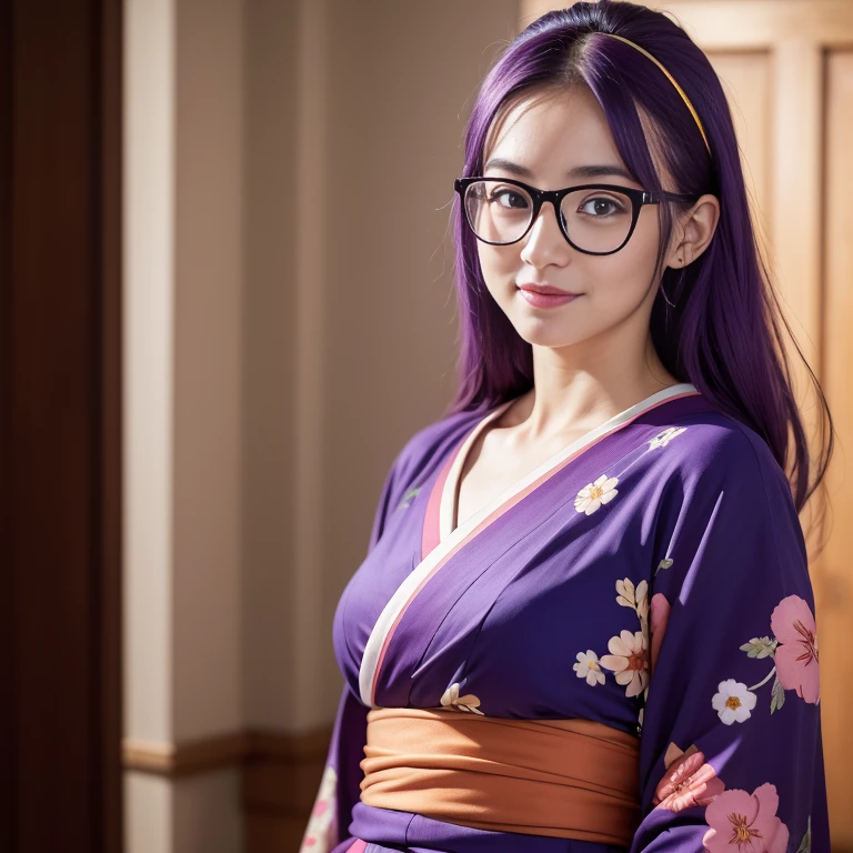 (masterpiece, best quality:1.4), (standing:1.5) (dynamic pose:1), 1girl, solo, (european youth:1), arale, glasses, blue eyes, long hair, purple hair, with the word "ARALE", red kimono with floral printed, looking at viewer, beautifull smile, beautiful face, highly detailed face, highly detailed eyes, highly detailed skin, skin pores, subsurface scattering, realistic pupils, full face blush, full lips, detailed background, depth of field, volumetric lighting, sharp focus, absurdres, realistic proportions, good anatomy, (realistic, hyperrealistic:1.4), 16k hdr,