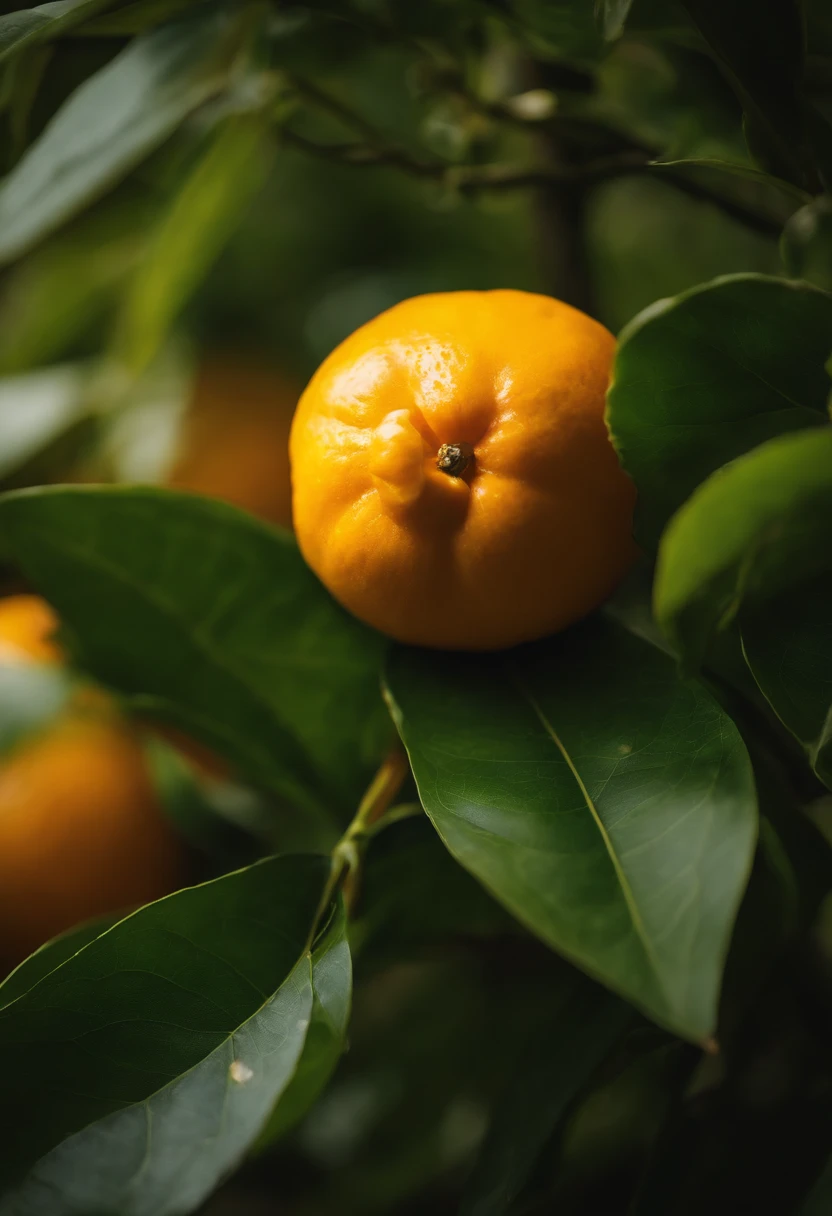 An aesthetic photography composition showcasing a yellow mandarin fruit amidst a cluster of vibrant green leaves, with the natural light casting beautiful shadows and highlights, creating a visually pleasing and organic scene.