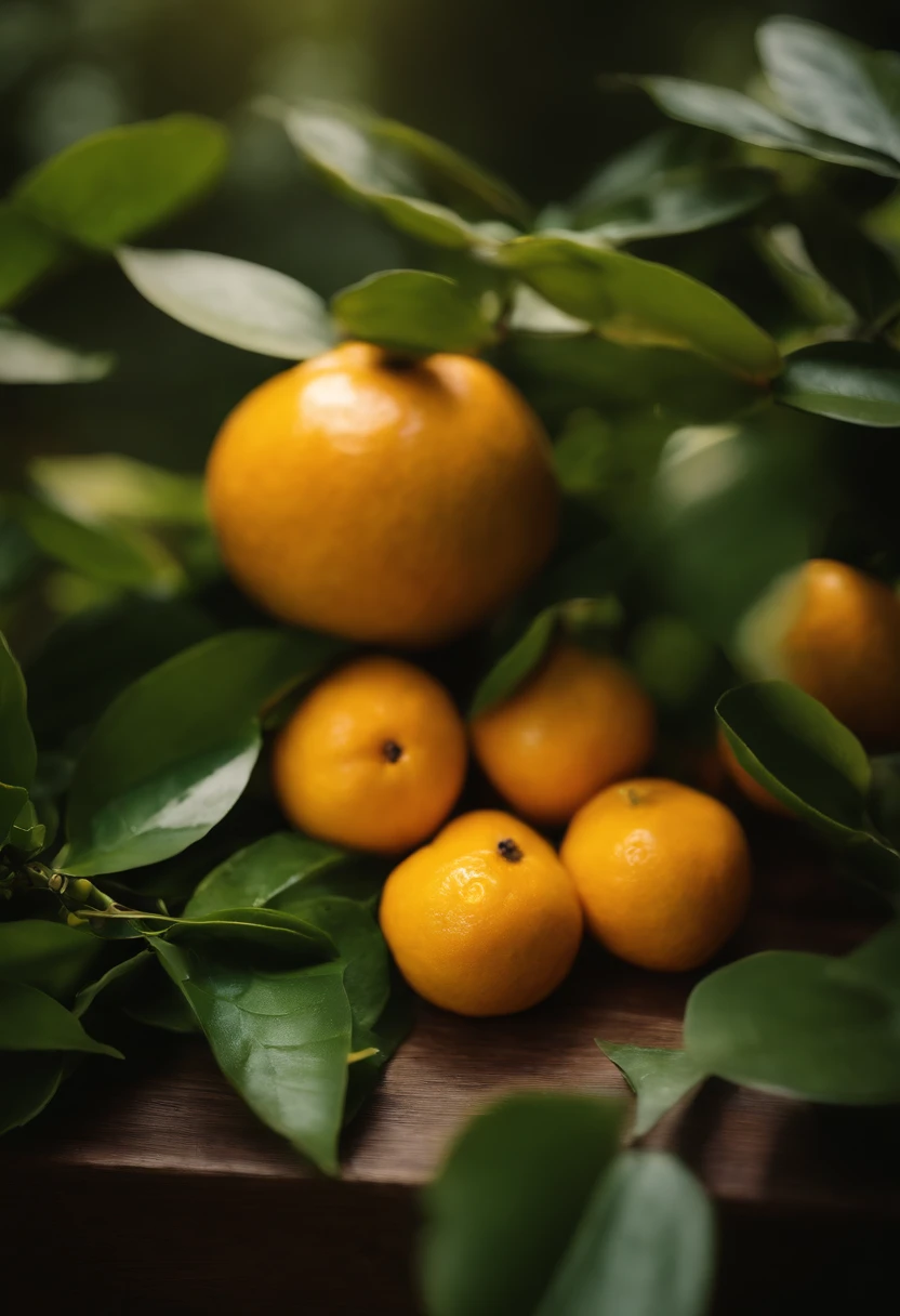 An aesthetic photography composition showcasing a yellow mandarin fruit amidst a cluster of vibrant green leaves, with the natural light casting beautiful shadows and highlights, creating a visually pleasing and organic scene.