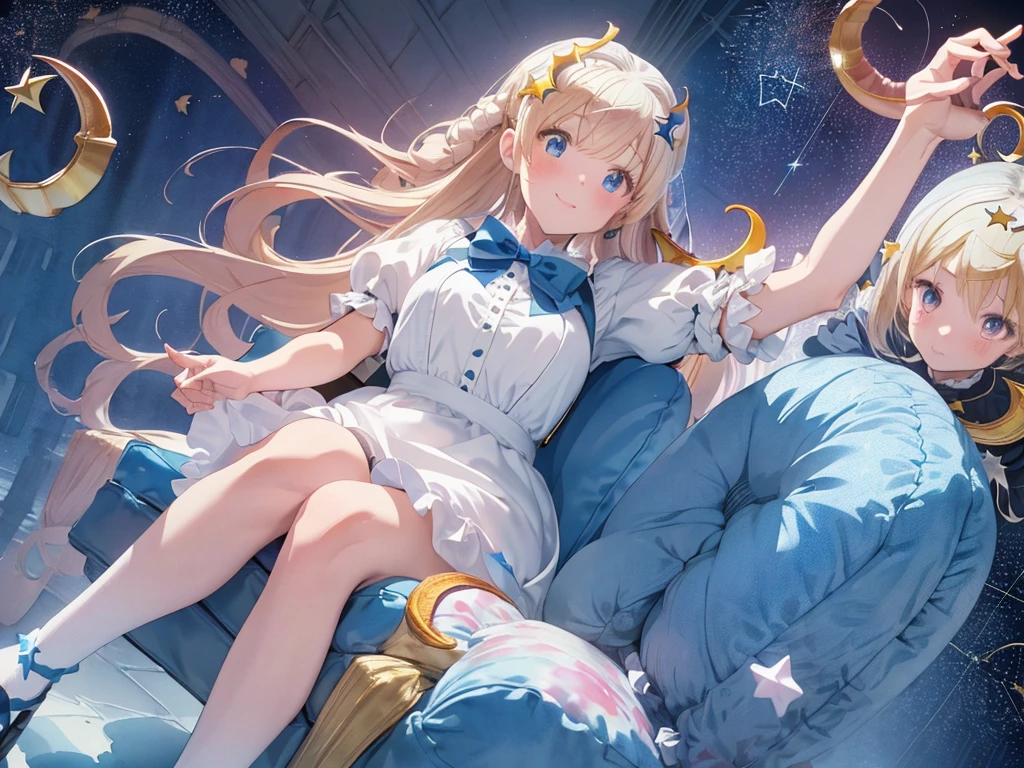 photo realistic, (masterpiece,best quality:1.4),(8k,raw photo,photo realistic:1.2), detailed skin, detailed face,1girl,Japanese idol,cute face, , Not Safe for Work, (overhead view:1.3), length hair, blue eyes, blonde hair, light smile, ((shiny wavy hair)), diadems, (((sit on a crescent moon model))), ((outstretched hand)),doress, gothic dresses, shairband, shortsleeves, the bow hair, ((blue shairband)), a smile, red blush, light Blue Doress, Alice (Alice in Wonderland), White frilled legwear, ((Blue the Bow)), Puffy Sleeves, Bangss, Apron Dress, shortsleeves, ((Blue bow ribbon)), absurdly long hair, frilld, white gothic dresses,: q, masterpiece, top-quality, not safe for work, , , 14-yo, braided bangs, mary janes, (FULL Body), (((from below))),(Garter ring that looks like frilly panties), flat chest, yumekawa,yumekawaii,pastel color, (((star background:1.5))), imagination,light particle effect, aerial effect, perfect hand's, perfect fingers, (dreamy ambiance:1.4), [:(light gradation watercolor:1.5):8], (soft focus:1.1), (stars:1.5),　(A large crescent-shaped chair:1.8),