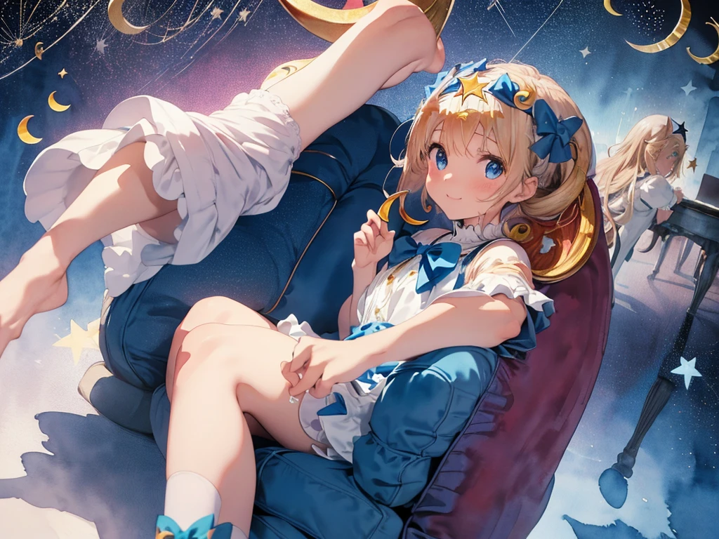 (master piece, high-quality, Mystical, Beautifully Aesthetic, ideal ratio of body proportions, image art, Impresionism), (ultra high resolution, 8K RAW photo, photo realistics, natural lighting, textile shading), (1 cute girl:1.3, solo:1.5, milf:1.1, nsfw:1.25, full bodiEsbian), (Fractal), shinny skin, ((alice in the wonderland:1.2, a girl floating in air:1.35, surprising, little opening mouth:1.3, putting a hands on crotch over the skirt)), ((PlayingCards, Trump, tea cup, tea pot, tea spoons, pocket watch:1.3, big mirror, lip sticks, candies, cookies, jam bottles, keys,)), cuty anime white rabbit, ((dark-Blue dress :1.5, a fluttering miniskirt, White Apron, white sock)), (medium long platinum-blonde, tied hair with a ribbon), (Blue eyes, bright pupils with highlights, detailed eyes), (lying down on your back:1.2, leaning backward:1.2, with rising up legs:1.3), ((dutch angle:1.5, full body:1.3, ass focus, from below:1.2)), cinematic image board, Exotic wallpapers, colorful image, fantastic art, fantasy images:1.5, ((correct anatomy:1.5, correct hand)),