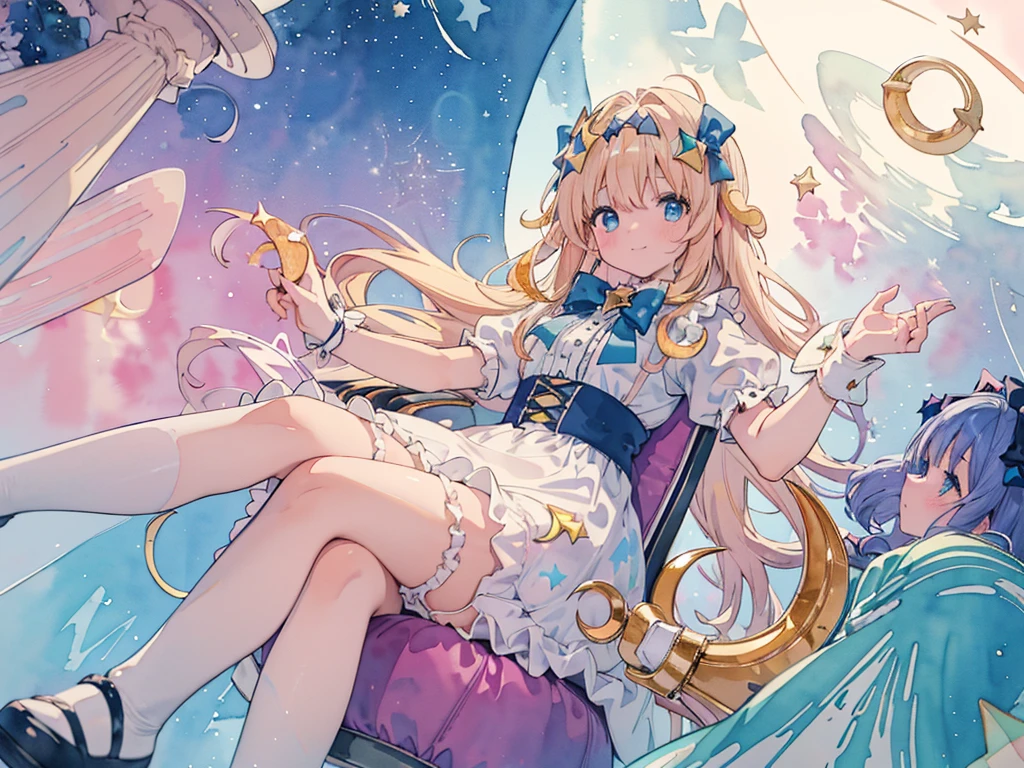 photo realistic, (masterpiece,best quality:1.4),(8k,raw photo,photo realistic:1.2), detailed skin, detailed face,1girl,Japanese idol,cute face, , Not Safe for Work, (overhead view:1.3), length hair, blue eyes, blonde hair, light smile, ((shiny wavy hair)), diadems, (A large crescent-shaped chair:1.8),(((sit on a crescent moon model))), ((outstretched hand)),doress, gothic dresses, shairband, shortsleeves, the bow hair, ((blue shairband)), a smile, red blush, light Blue Doress, Alice (Alice in Wonderland), White frilled legwear, ((Blue the Bow)), Puffy Sleeves, Bangss, Apron Dress, shortsleeves, ((Blue bow ribbon)), absurdly long hair, frilld, white gothic dresses,: q, masterpiece, top-quality, not safe for work, , , 14-yo, braided bangs, mary janes, (FULL Body), (((from below))),(Garter ring that looks like frilly panties), flat chest, yumekawa,yumekawaii,pastel color, (((star background:1.5))), imagination,light particle effect, aerial effect, perfect hand's, perfect fingers, (dreamy ambiance:1.4), [:(light gradation watercolor:1.5):8], (soft focus:1.1), (stars:1.5),　