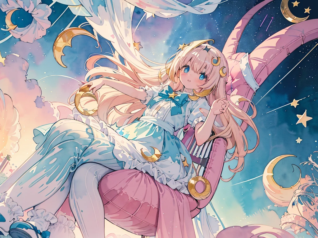 photo realistic, (masterpiece,best quality:1.4),(8k,raw photo,photo realistic:1.2), detailed skin, detailed face,1girl,Japanese idol,cute face, , Not Safe for Work, (overhead view:1.3), length hair, blue eyes, blonde hair, light smile, ((shiny wavy hair)), diadems, (A large crescent-shaped chair:1.8),(((sit on a crescent moon model))), ((outstretched hand)),doress, gothic dresses, shairband, shortsleeves, the bow hair, ((blue shairband)), a smile, red blush, light Blue Doress, Alice (Alice in Wonderland), White frilled legwear, ((Blue the Bow)), Puffy Sleeves, Bangss, Apron Dress, shortsleeves, ((Blue bow ribbon)), absurdly long hair, frilld, white gothic dresses,: q, masterpiece, top-quality, not safe for work, , , 14-yo, braided bangs, mary janes, (FULL Body), (((from below))),(Garter ring that looks like frilly panties), flat chest, yumekawa,yumekawaii,pastel color, (((star background:1.5))), imagination,light particle effect, aerial effect, perfect hand's, perfect fingers, (dreamy ambiance:1.4), [:(light gradation watercolor:1.5):8], (soft focus:1.1), (stars:1.5),　